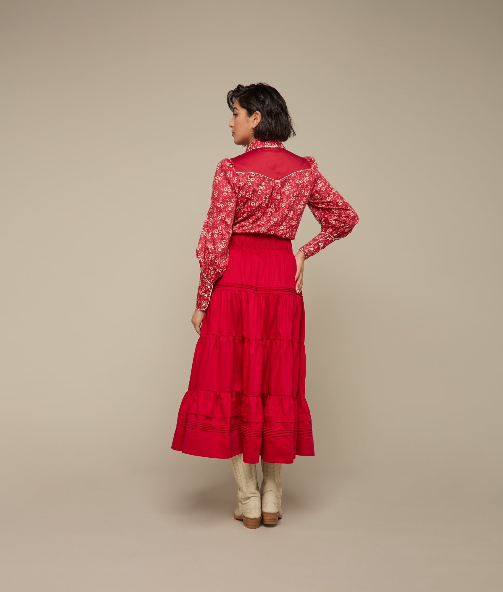 Dakota Tiered Skirt for Women - Flowy Red Midi Skirt with Elastic Waist | Perfect for Casual Outfits, Summer Dresses & Boho Style Fashion