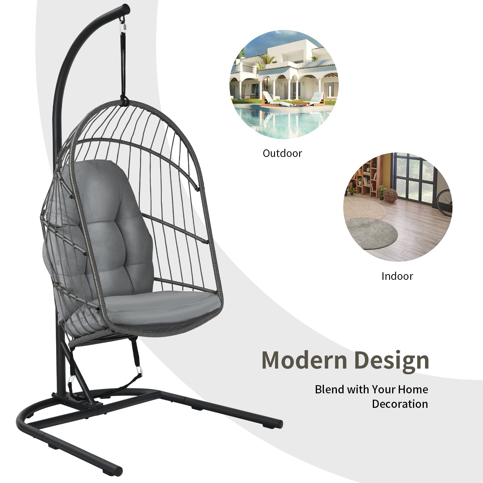 Giantex Foldable Hanging Egg Chair with Stand - Indoor/Outdoor Rattan Swing Chair with Cushions & C-Shaped Hammock Stand - Perfect for Bedroom, Balcony, Patio & Backyard Relaxation (Grey)