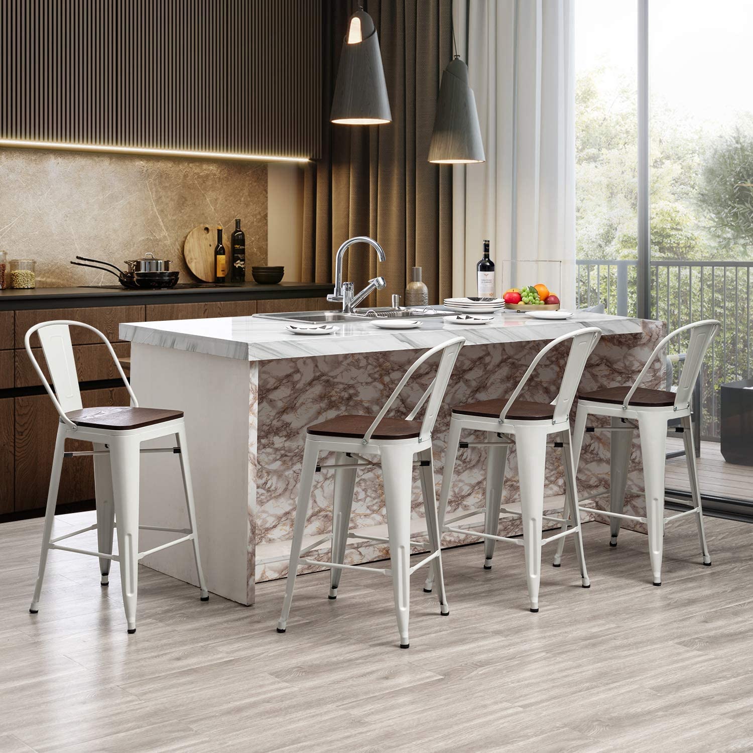 Aklaus 30 Inch Metal Bar Stools Set of 4 - Farmhouse Style Bar Height Stools with Backs & Larger Seat - Modern High Back Kitchen & Dining Chairs in White Cream - Perfect for Home Bars, Kitchen Islands & Breakfast Nooks