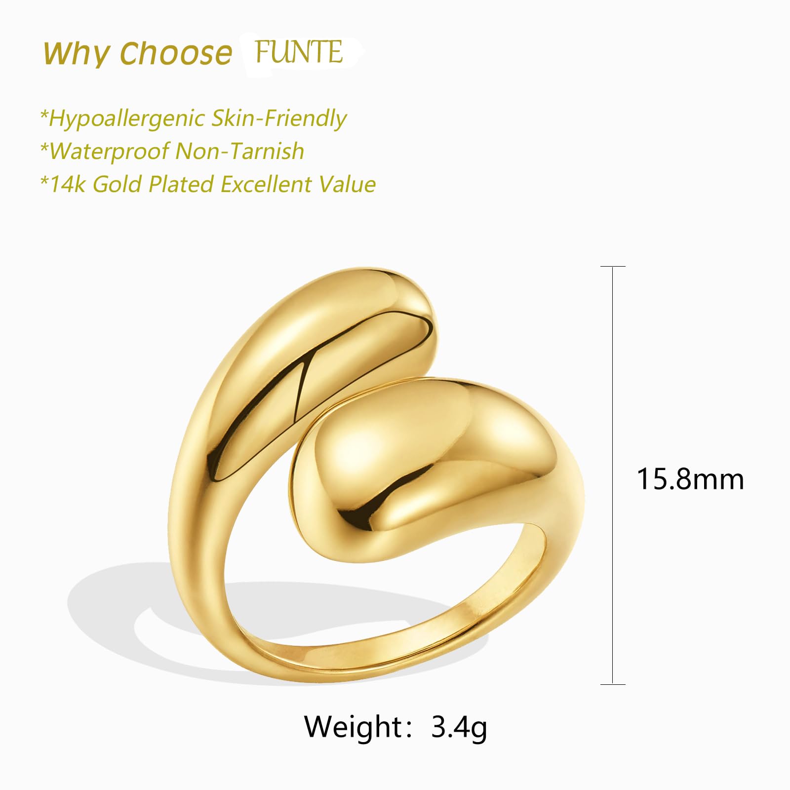 FUNTE® 18K Gold Plated Adjustable Thumb Rings for Women & Men - Chunky Teardrop Bow Design Thick Band Rings with Jewelry Box - Perfect for Gifts, Parties, and Everyday Fashion Accessories