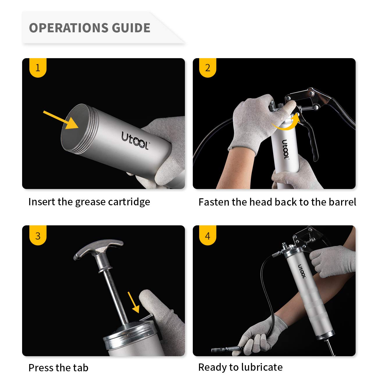 UTOOL 8000 PSI Heavy Duty Pistol Grip Grease Gun Kit - 14 oz Capacity with 18 Inch Resin Flex Hose, 2 Couplers, 2 Extension Pipes & Nozzle - Perfect for Automotive, Industrial & Farm Equipment Maintenance