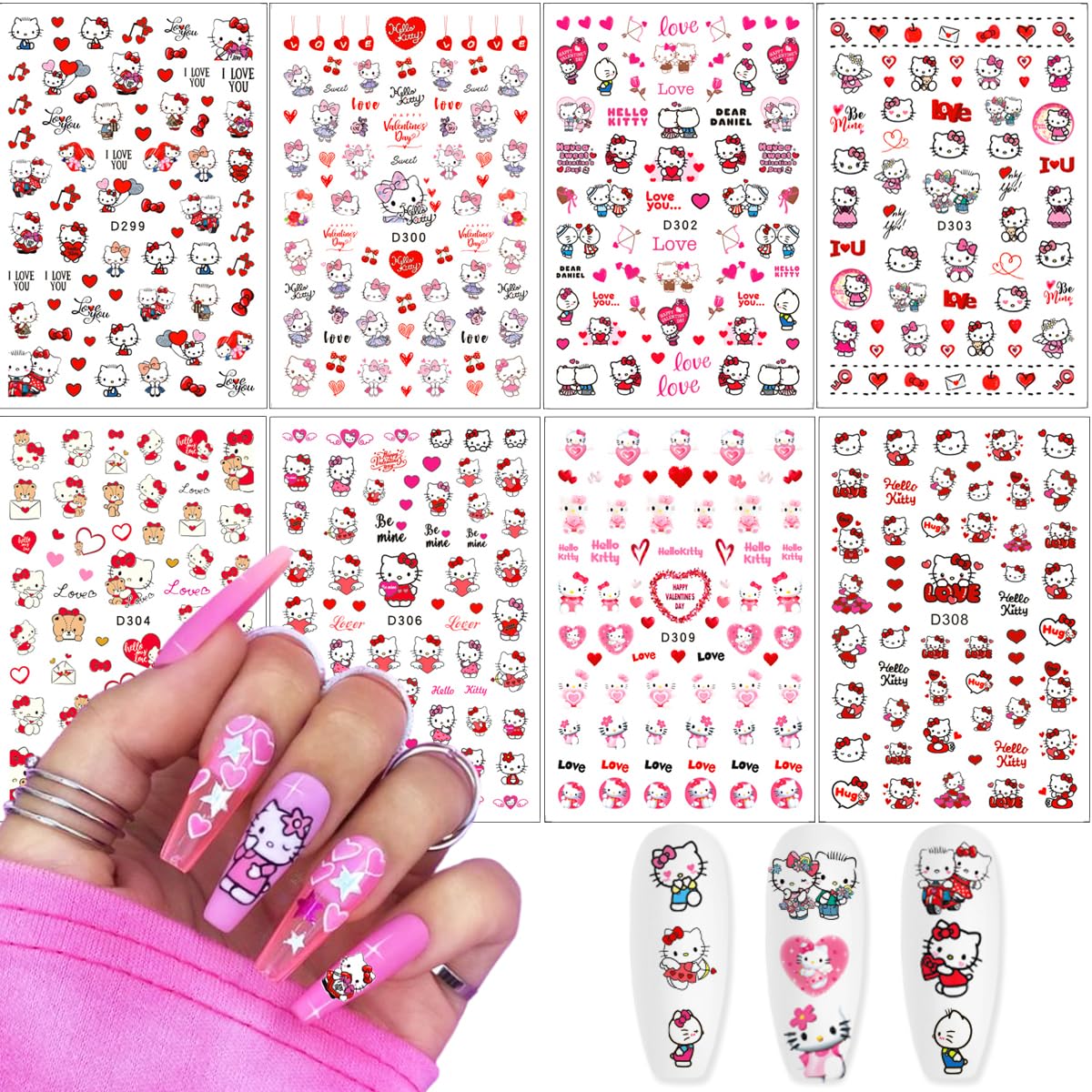 3D Nail Stickers for Valentine's Day - 8 Sheets Cute Cat & Heart Nail Art Designs for Women & Girls | DIY Manicure Decals for Parties, Date Nights & Special Occasions