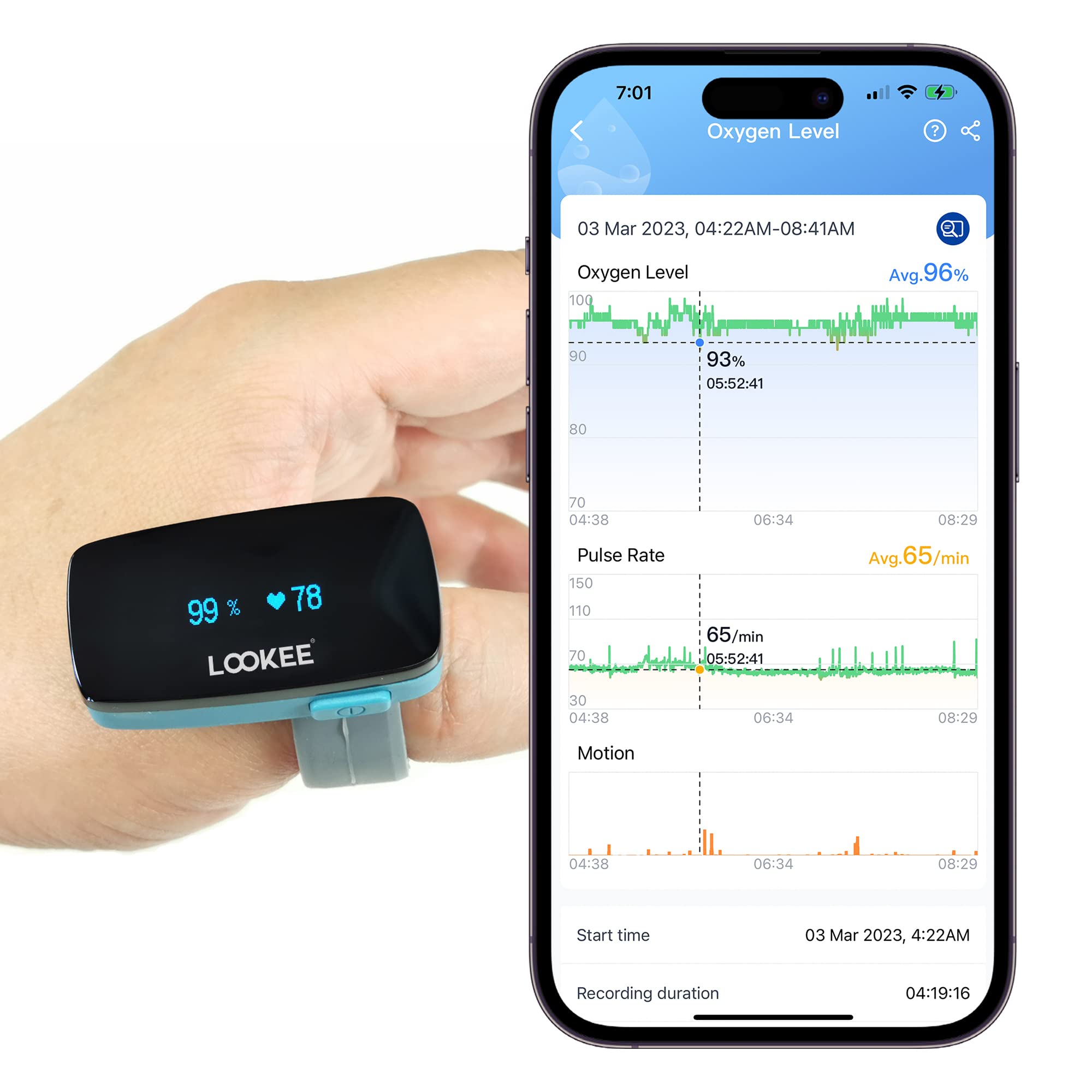 LOOKEE Wearable Ring Pulse Oximeter - Continuous Oxygen Monitor with Vibration Alerts & Rechargeable Battery - Tracks SpO2, Heart Rate (PR) - Free Health App with Reports - Ideal for Athletes, Sleep Monitoring & High Altitude Activities
