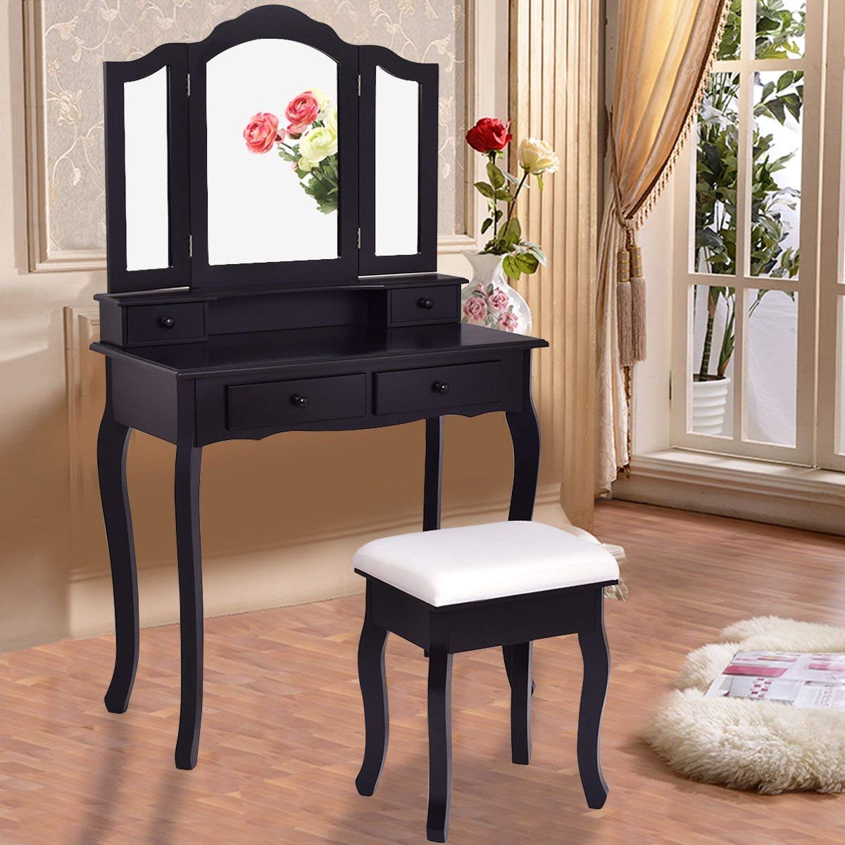 Casart Black Bathroom Vanity Set with Tri-Folding Mirror & Bench - 4 Drawer Dressing Table Makeup Vanity for Home (Perfect for Small Spaces & Bedroom Organization)