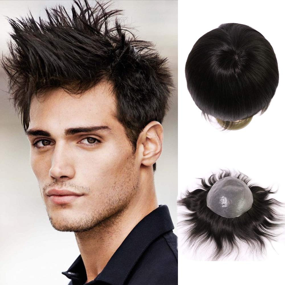 Men's Real Human Hair Toupee - 1B Off Black Thin Skin Wig for Men (8x10 Inch) | Natural Looking Hair Unit for Baldness & Hair Loss | Perfect for Daily Wear, Special Occasions & Confidence Boosting