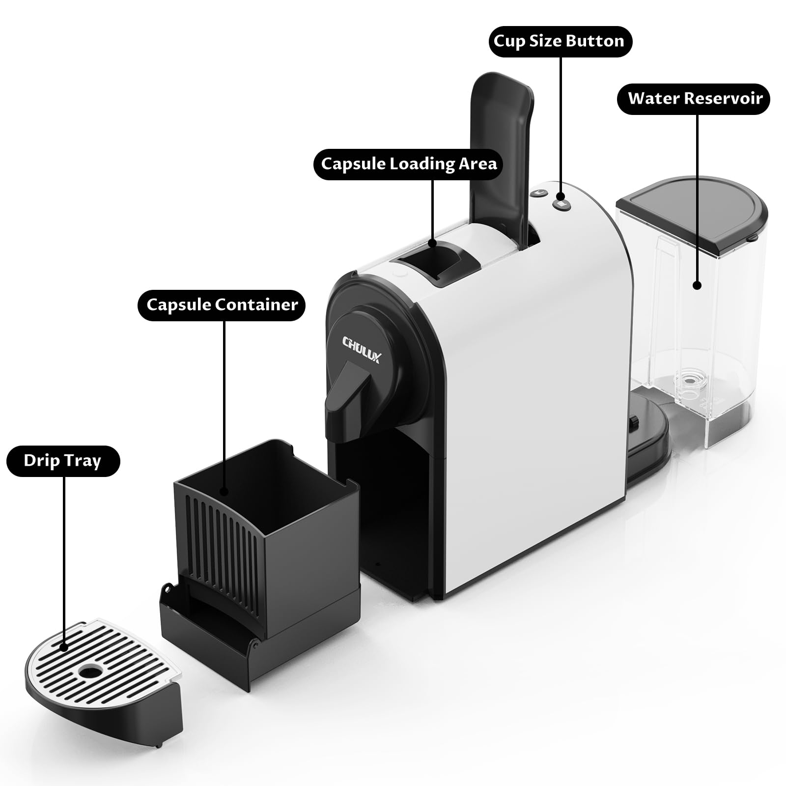 CHULUX Bafè-Pro Mini Espresso Machine for Nespresso Original Capsules - 20 Bar Pressure Single Serve Coffee Maker with Silver Drip Tray - Perfect for Home, Office & Small Spaces - Makes Rich Espresso & Lungo Coffee
