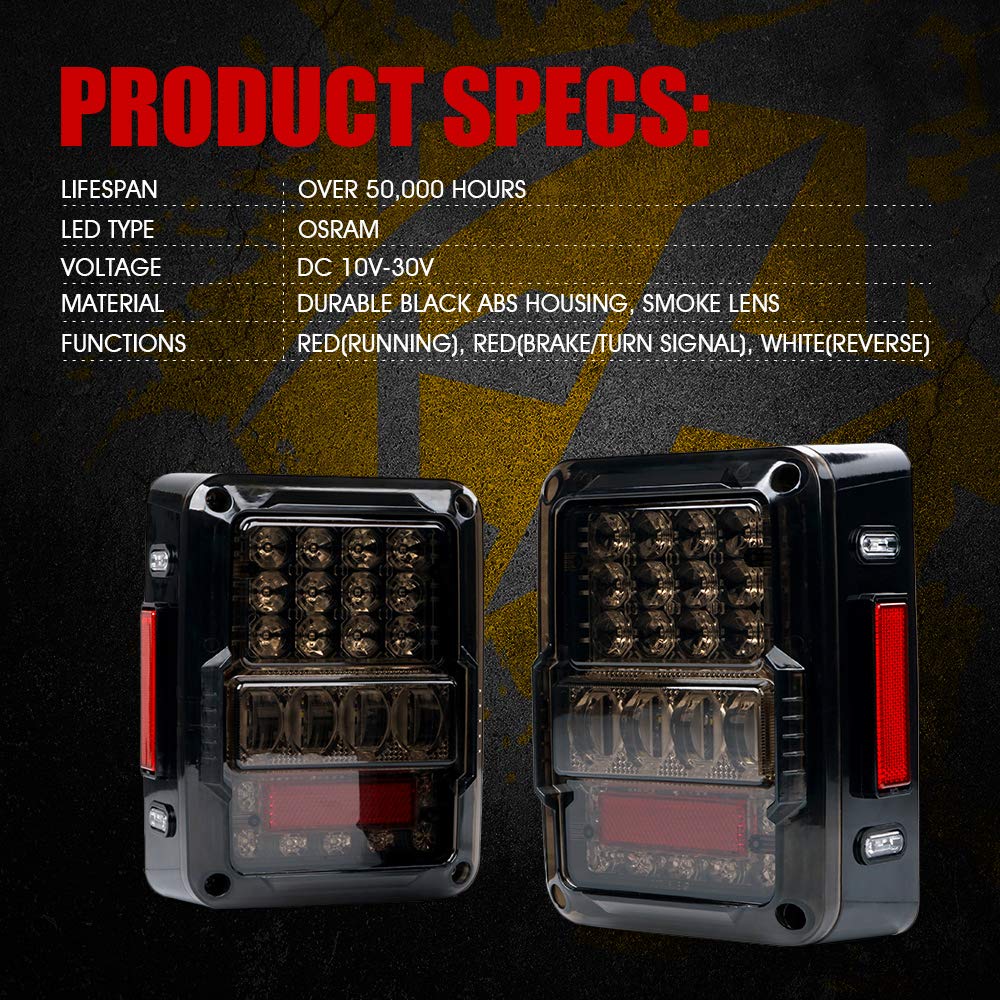 Xprite 4D Smoked LED Tail Lights for 2007-2018 Jeep Wrangler JK JKU Sahara/Rubicon/Sport - Plug & Play Rear Lights with Built-in Resistors (DOT Approved) - Parking, Brake, Turn Signal & Reverse Lights - Perfect for Off-Roading & Night Driving