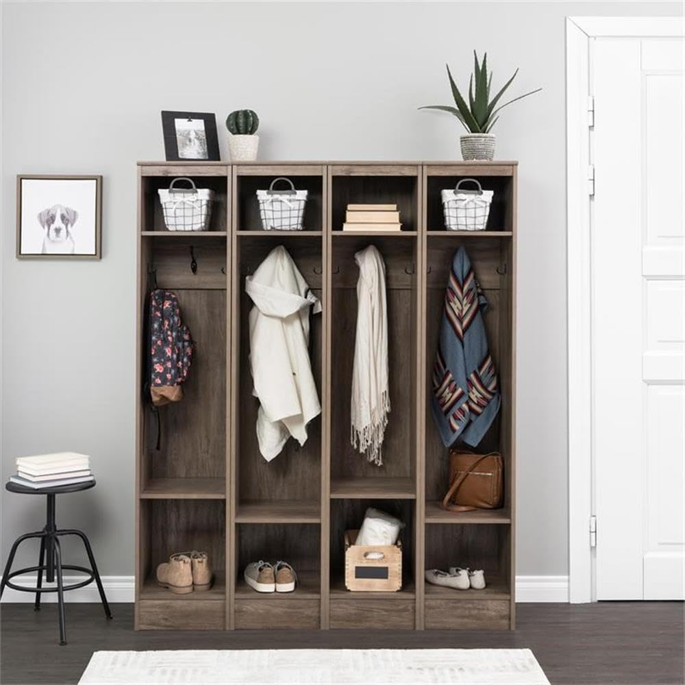 Pemberly Row Transitional Narrow Entryway Organizer in Drifted Gray - Stylish Hallway Storage Bench with Shoe Rack & Coat Hooks for Small Spaces - Perfect for Apartments, Mudrooms & Entryway Organization