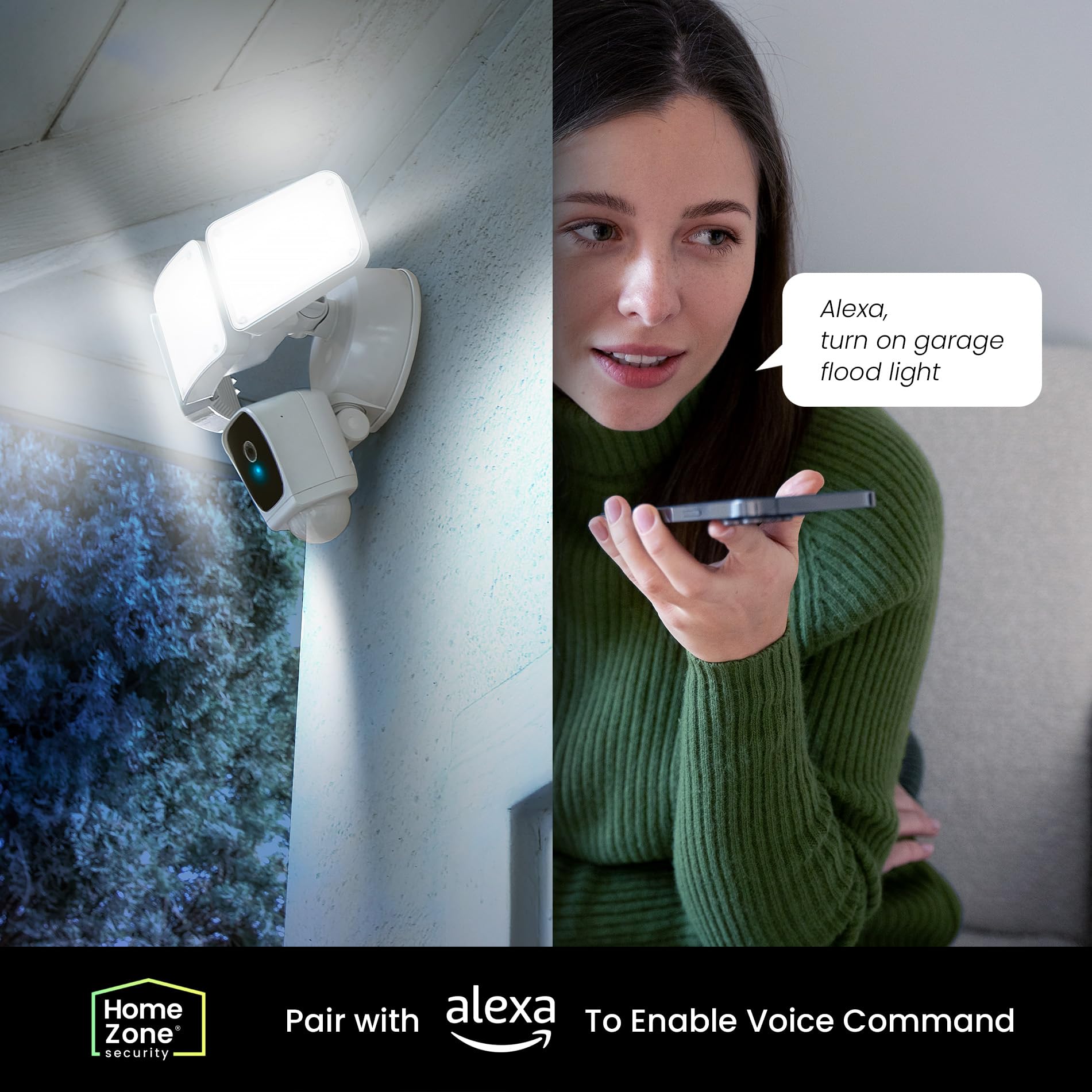 Home Zone Security Triple Head Floodlight Camera - Smart 2.4GHz 1080P Outdoor Hardwired 3500 Lumen LED Security Light with Motion Detection & 128GB Local Storage (White) - Ideal for Backyard, Garage & Driveway Surveillance