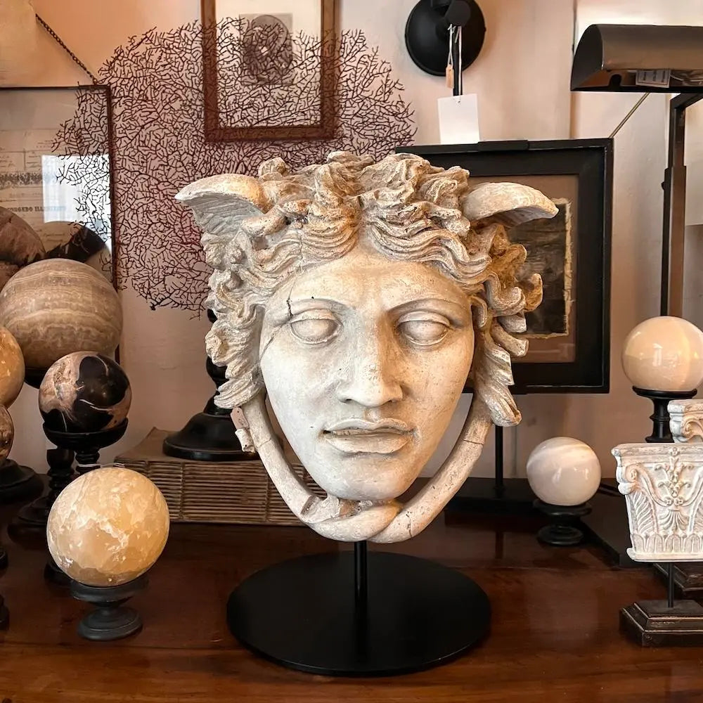 Medusa Head Gypsum Sculpture on Pedestal - Greek Mythology Decor for Home, Office & Garden