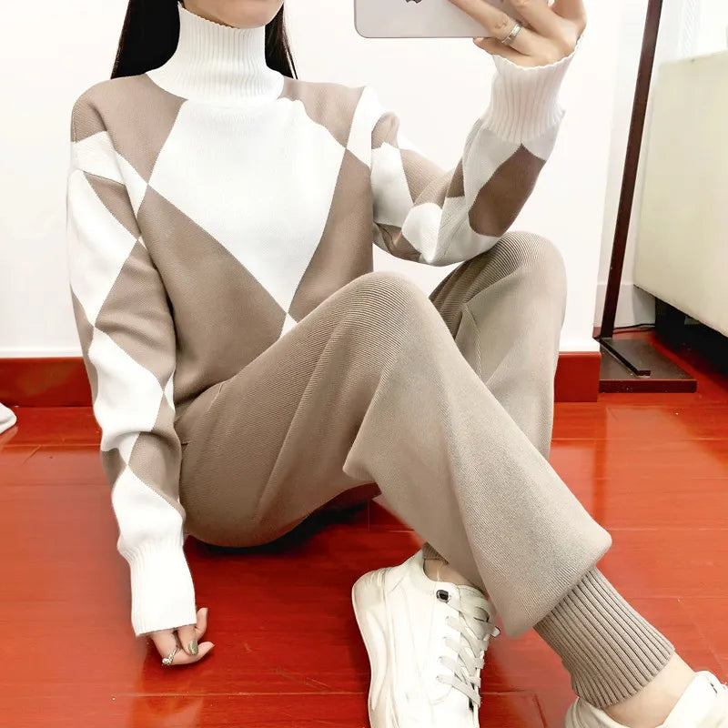 Women's Geometric Knit Sweater & Pants Set - Soft Thick Winter Pullover & Long Pants Casual Outfit (2PC Tracksuit) - Perfect for Autumn Winter Fashion, Lounge Wear & Casual Outings