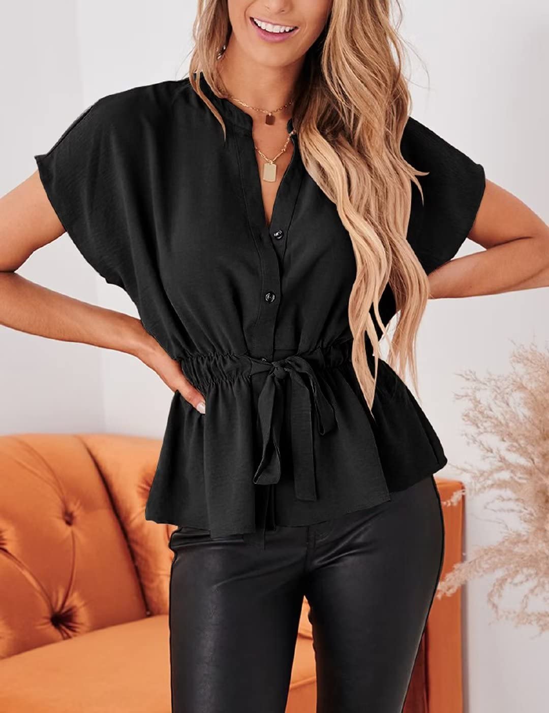 Women's Casual Peplum Button Down Blouse - Chiffon Summer Work Top for Office & Date Night | Elegant Dressy Tops for Women