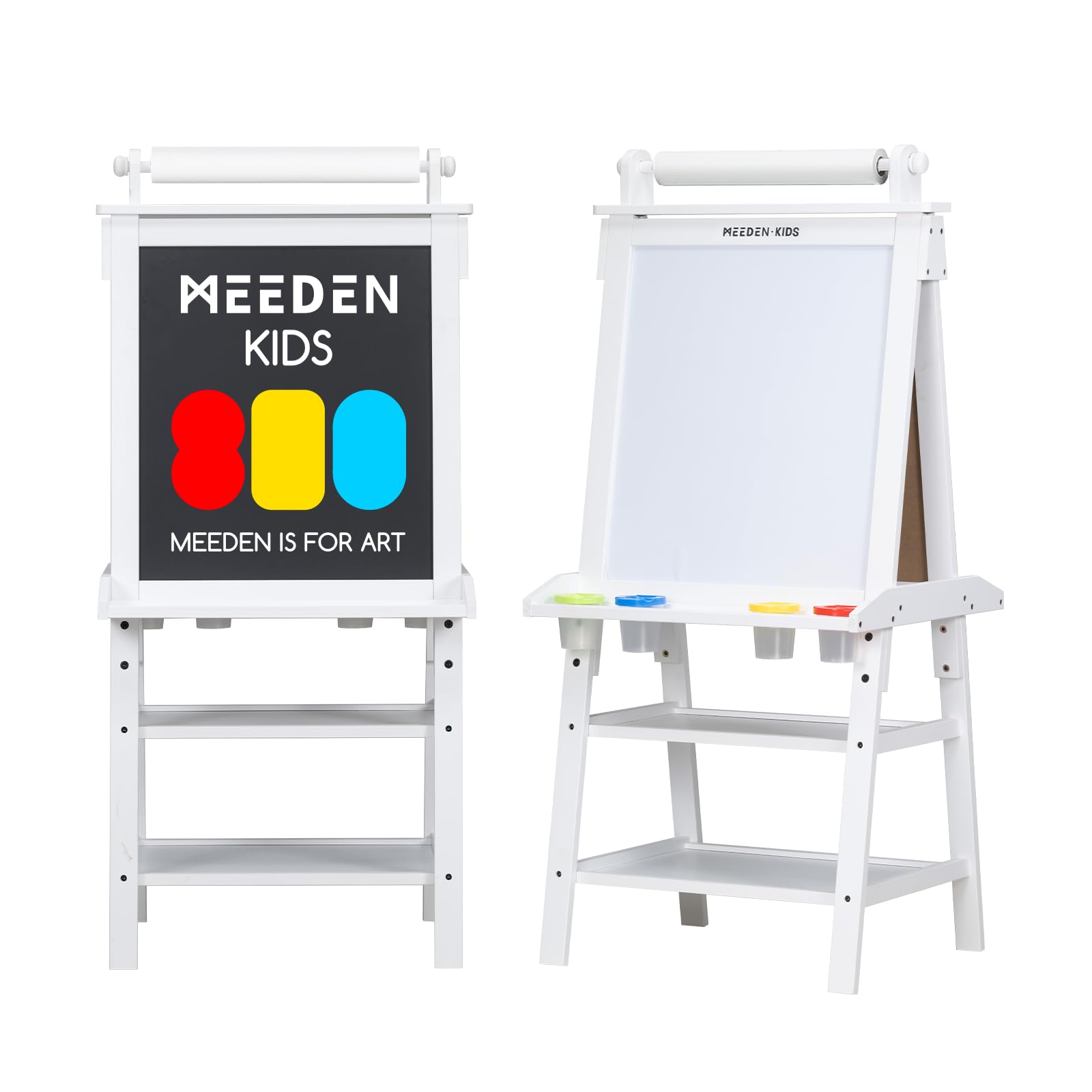 MEEDEN Double-Sided Kids Art Easel - Solid Pine Wood Drawing Board with Paper Roll, Blackboard & Whiteboard - Perfect for Toddlers & Preschool Learning Activities - Creative Art Supplies for Boys & Girls - Ideal for Home, Classroom & Playroom Art Projects (White)