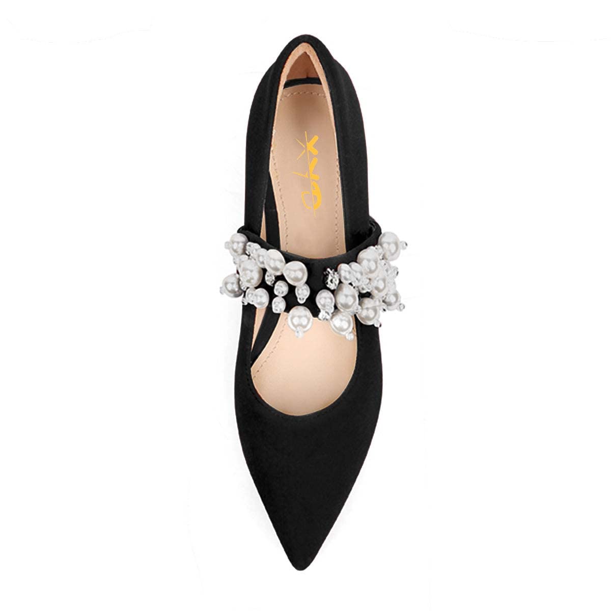 XYD Women's Pointed Toe Velvet Flats with Pearl Strap & Beaded Details - Elegant Mary Jane Shoes for Retro Party, Wedding & Dress Occasions