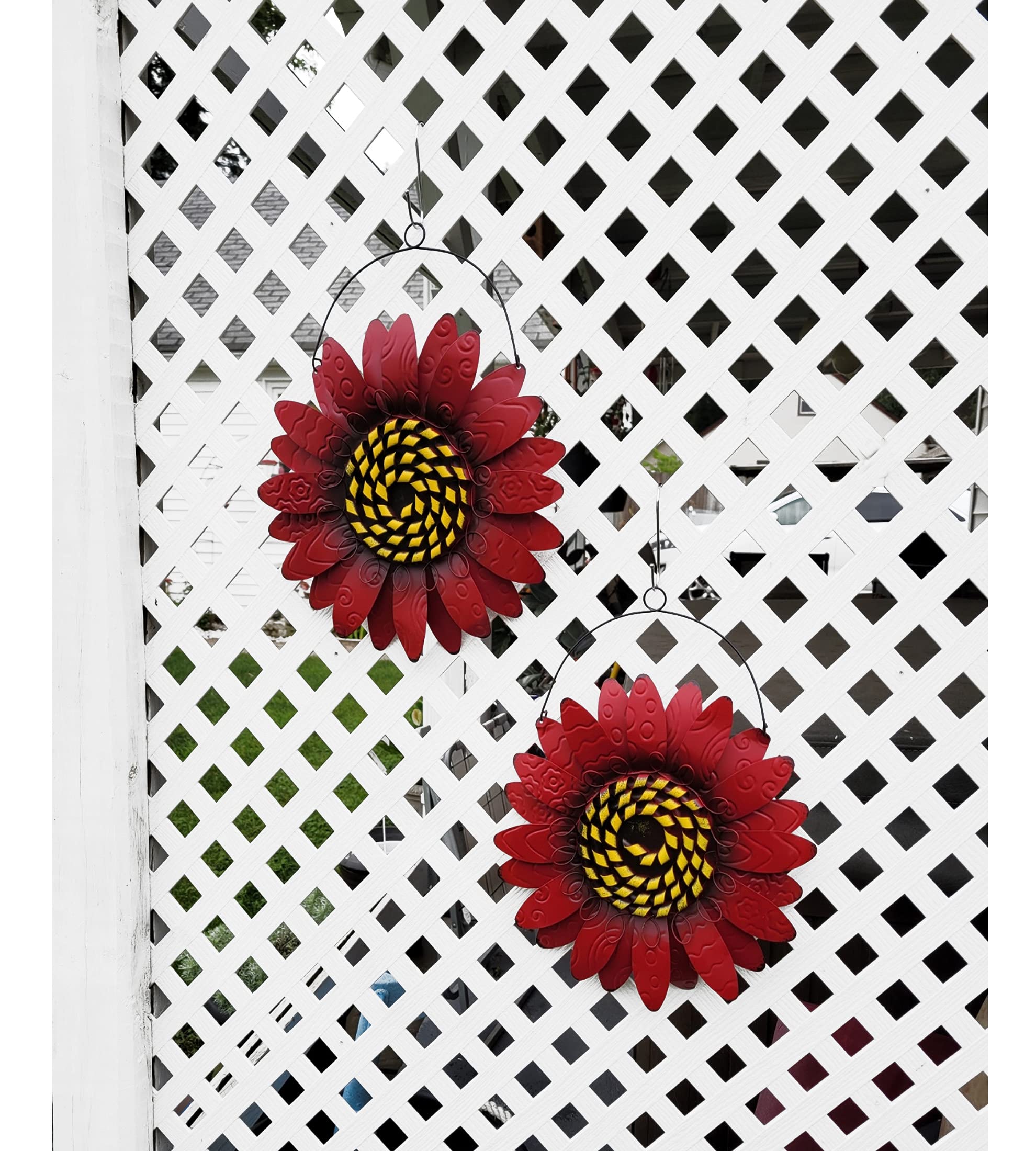 Metal Sunflower Wall Decor Set of 2 - Red Floral Wall Art with Wire Hanger for Home & Garden - Perfect for Living Room, Bedroom, Kitchen, Bathroom, Outdoor Patio & Garden Decor