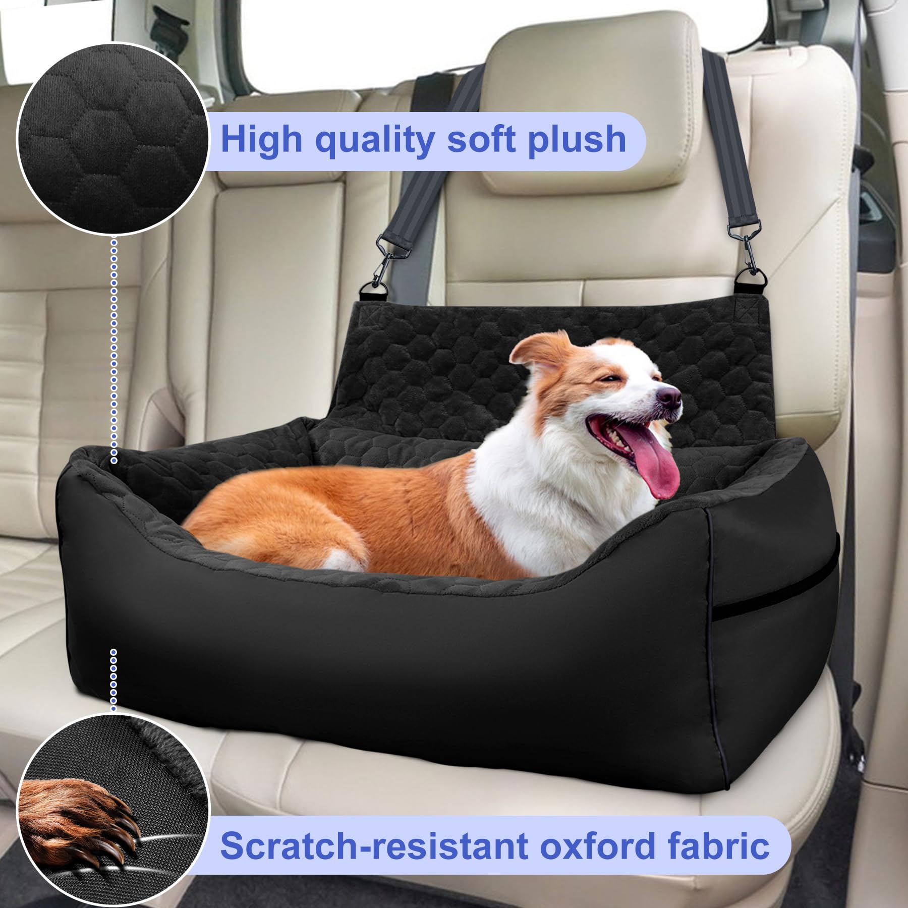 **INFANZIA Foam Dog Car Booster Seat for Large & Medium Dogs - Detachable Pet Car Seat with Storage Pockets, Holds Pets Under 60Lbs or 2 Small Dogs - Elevated Dog Car Bed for Back Seats (29IN, Black) - Perfect for Road Trips & Safe Travel**