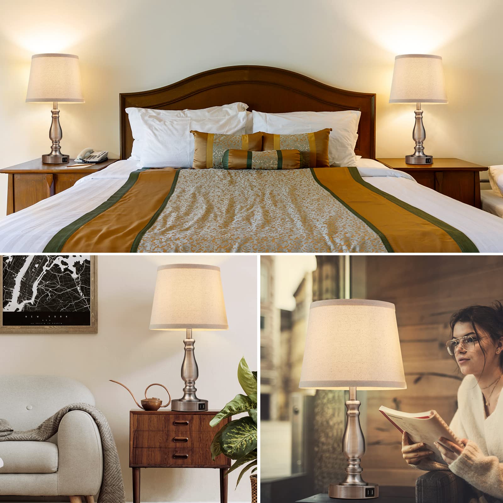 Set of 2 Brushed Nickel Bedside Lamps with USB Ports & 3-Way Dimmable Touch Control - Fabric Lampshade Nightstand Lights for Bedroom, Living Room & Office (Bulbs Included) | Perfect for Reading, Working & Creating Cozy Ambiance