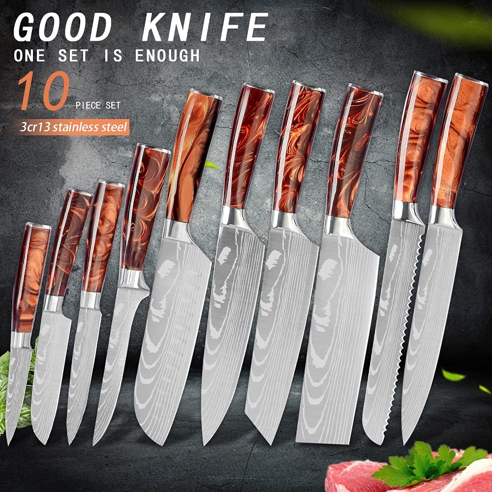 Professional Damascus Steel Knife Set - Japanese Chef Knives with Laser Pattern for Slicing, Bread, Santoku & Boning - High-Quality Stainless Steel Kitchen Knife Set for Cooking & Food Prep (Style A) - Perfect for Home Chefs & Professional Kitchens