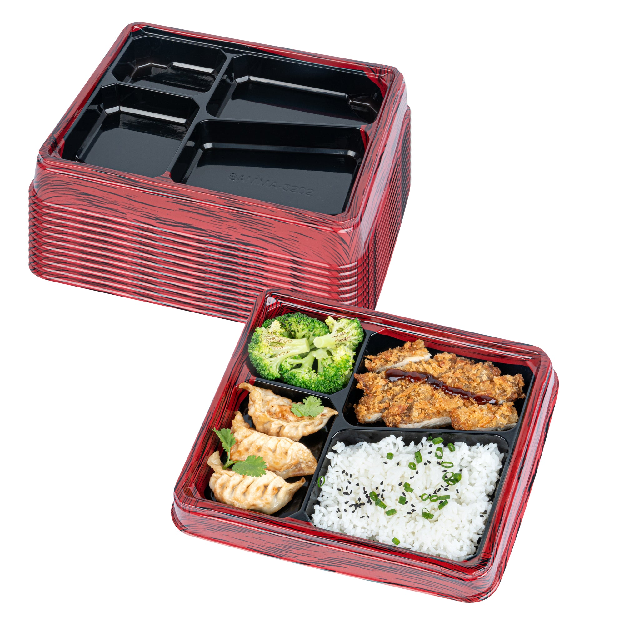 Bento Tek 19 oz Rectangle Red and Black Plastic Bento Box with 4 Compartments - 9.25