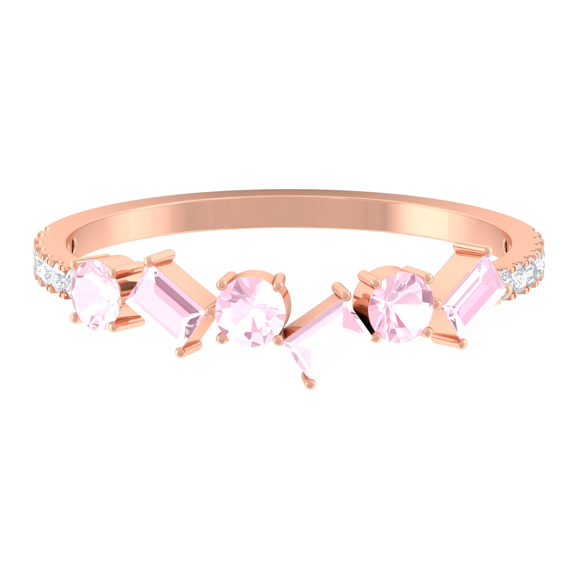 0.75 CT Rose Quartz and Diamond Half Eternity Ring - 14K Solid Gold, Baguette & Round Cut Gemstone Ring for Women, Elegant Stackable Jewelry for Weddings, Anniversaries, and Special Occasions