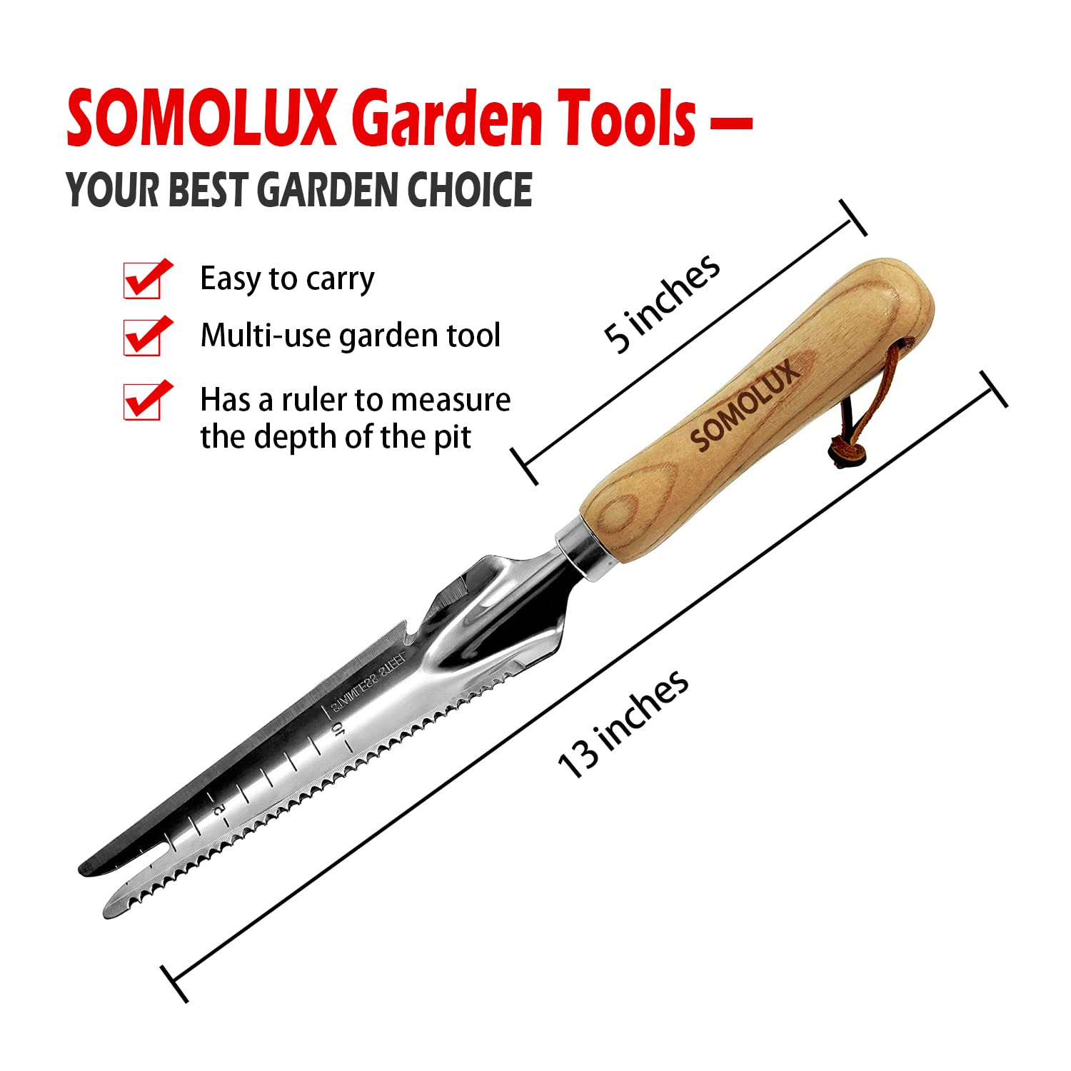 SOMOLUX Stainless Steel Garden Tool Set - Multi-Function Shovel, Hand Weeder, Soil Knife with Wood Handle for Planting, Weeding, Digging, Transplanting & Cutting | Perfect for Home Gardening, Landscaping & Outdoor Activities