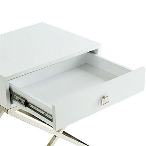 Brianna White & Gold Nightstand with X-Metal Legs - 1 Drawer Bedside Table for Bedroom, Living Room, or Office Storage