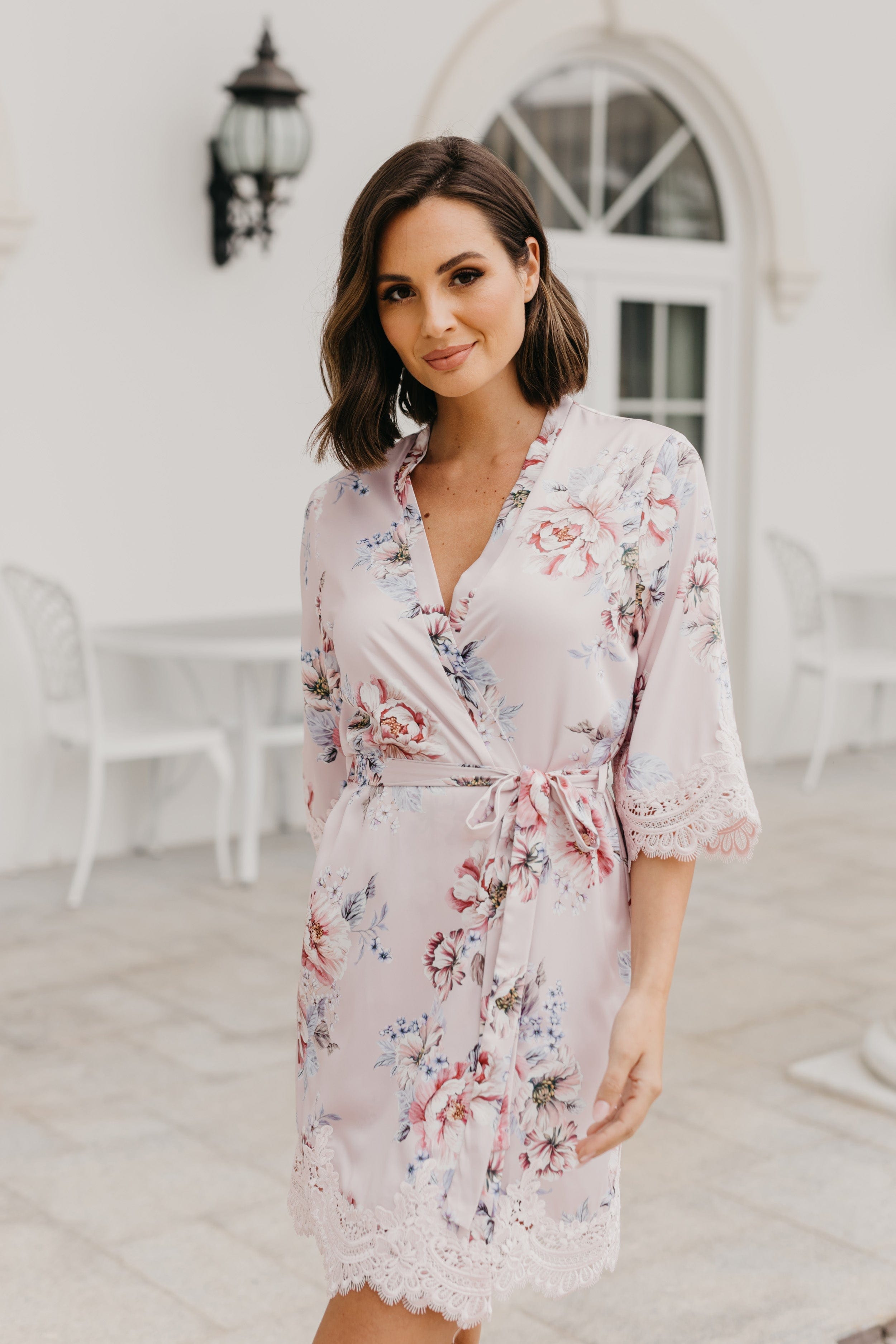 Serena Veiled Rose Printed Lace Trim Satin Robe - Elegant Bridal Lingerie & Boudoir Dress for Wedding Night, Honeymoon & Romantic Occasions