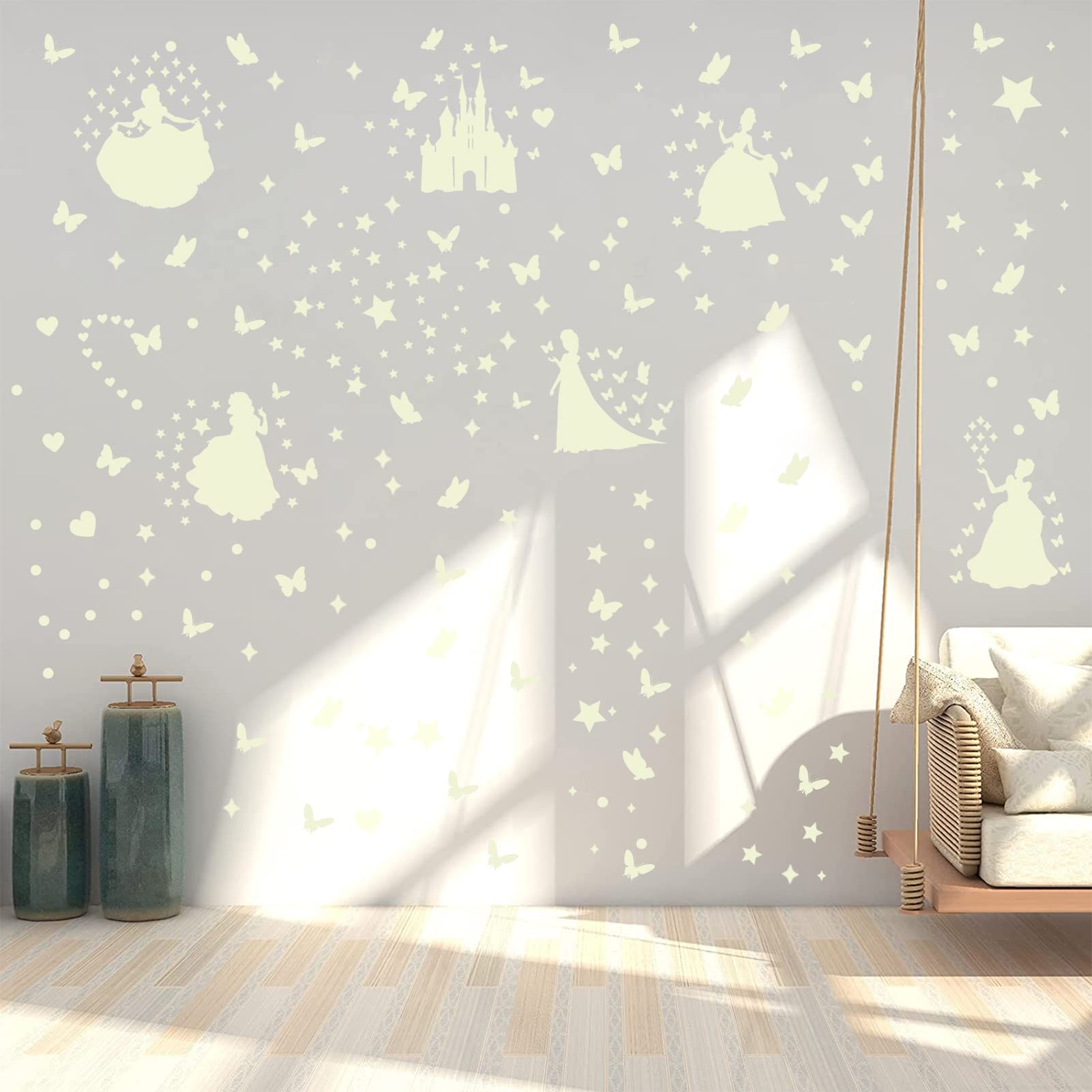 Glow in The Dark Star Wall Stickers - Self-Adhesive Nursery Decor for Girls, Fluorescent Wall Decals, Princess Castle Wall Art for Baby Room - Perfect for Bedroom, Kids Room & Playroom Decorations