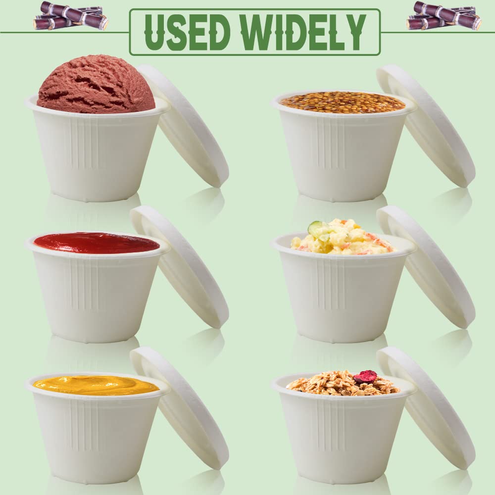 100 Pack 4oz Disposable Paper Cups with Lids - Eco-Friendly Bagasse Fiber Ice Cream Cups & Small Bowls for Condiments, Sauce, Desserts | Perfect for Parties, Picnics, Catering & Takeout