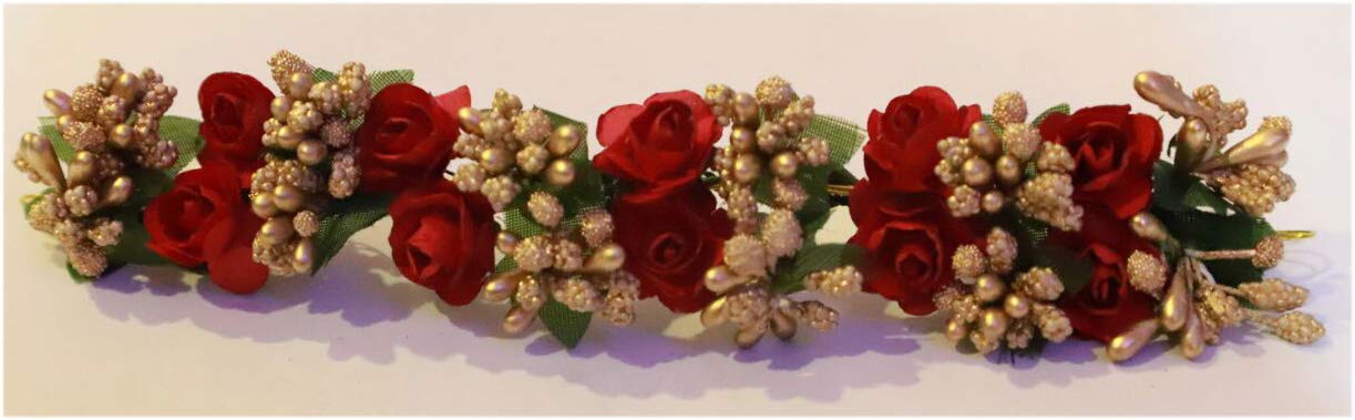 Red Artificial Hair Gajra for Women - Bridal Hair Bun Accessory with Silk Flowers for Indian Weddings & Special Occasions