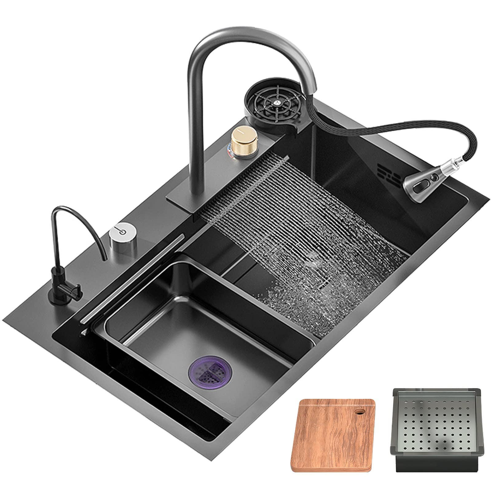 Premium Stainless Steel Kitchen Sink with Pull-Out Faucet - Single Basin Workstation with Built-in Chopping Board, Cup Washer & Accessories - Perfect for Modern Kitchens, Dishwashing & Food Prep