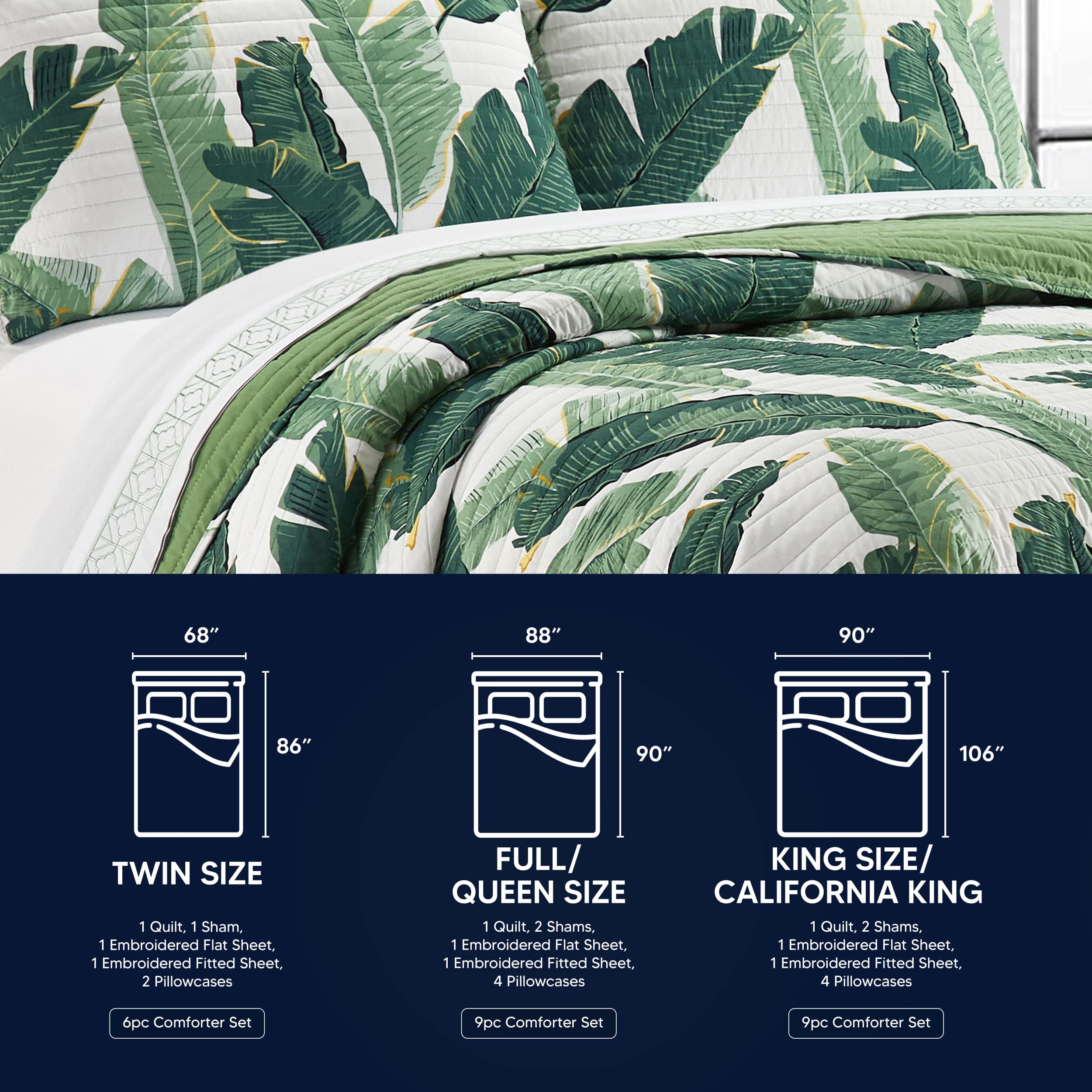 Stylish Palm Springs 9-Piece Quilt Set with Palm Tree Print - Includes Sheet Set & Decorative Pillow Shams, Queen Size, Green | Perfect for Beach-Themed Bedrooms & Vacation Home Decor