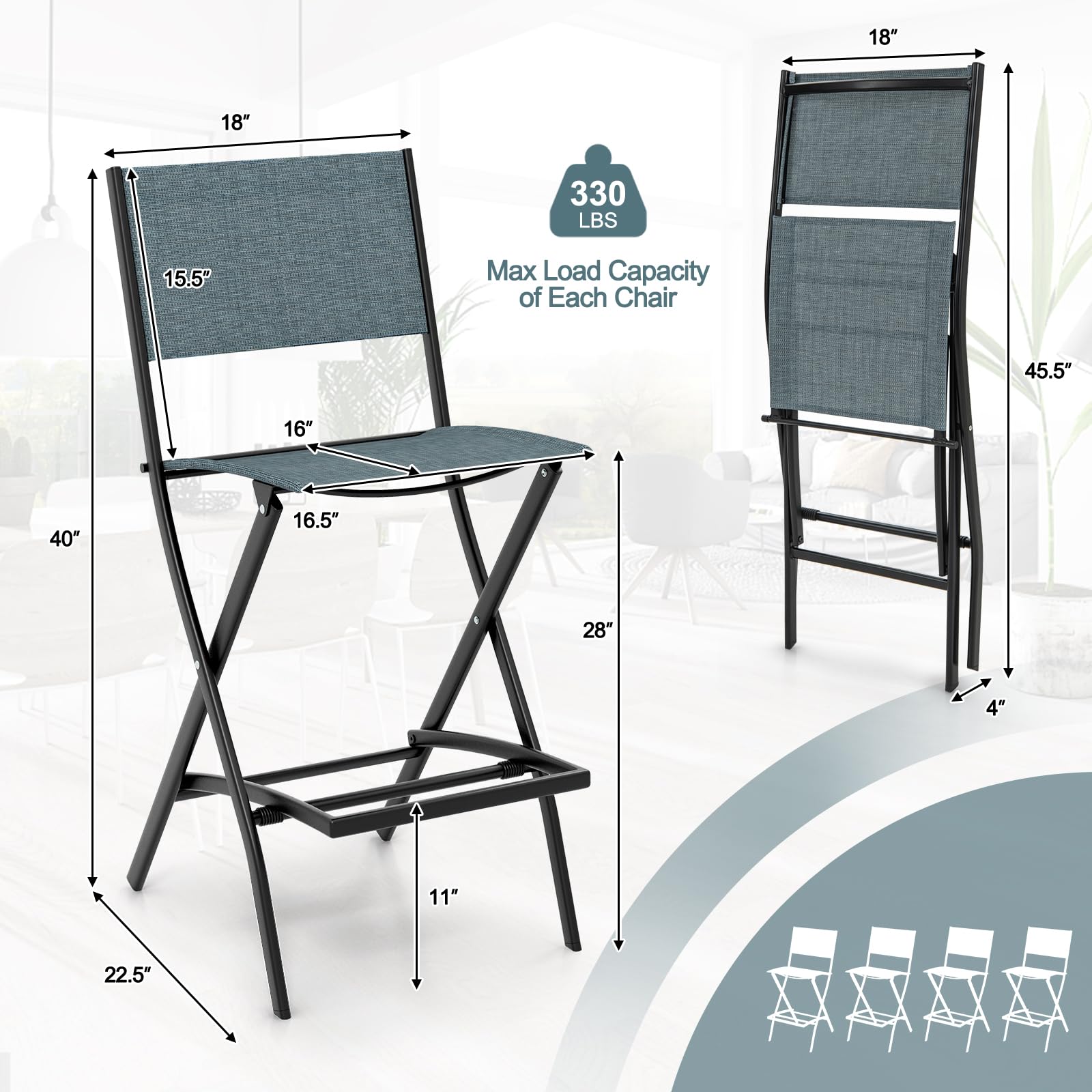 Giantex 4-Piece Folding Patio Bar Chair Set - Outdoor Counter Height Bar Stools with Footrest & Back Support, All-Weather Resistant Metal Frame - Light Blue - Perfect for Porch, Deck, Lawn, Garden & Backyard Entertaining