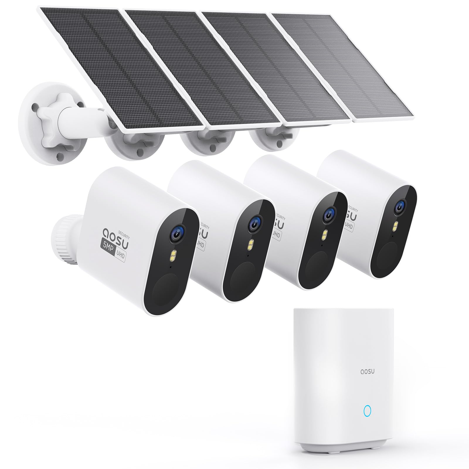 AOSU 3K Wireless Solar Security Camera System - 4 Pack Outdoor 5MP WiFi Surveillance Cameras with Homebase, Color Night Vision & Motion Detection - Ideal for Home, Business & Property Protection