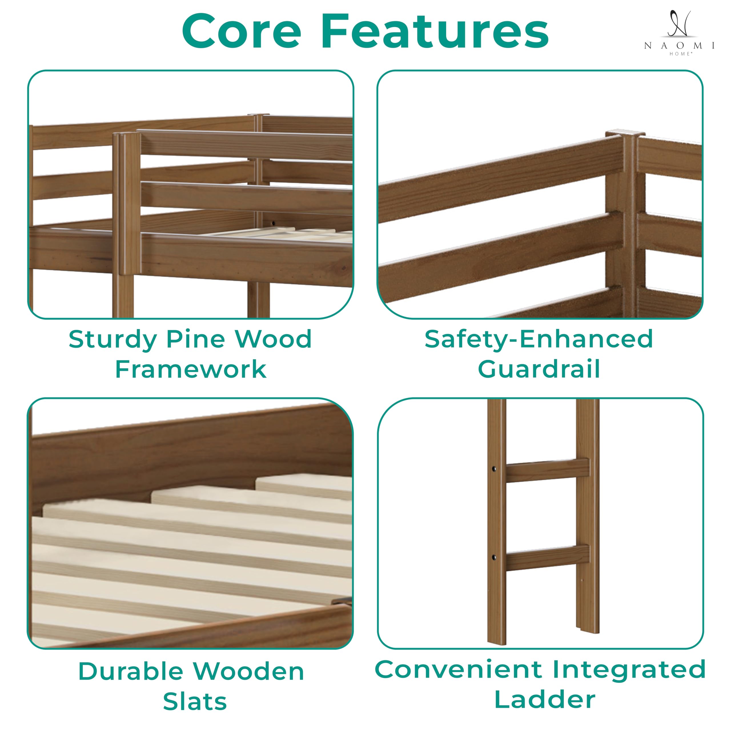 Naomi Home Cindy Twin Loft Bed with Slide - Solid Wood Toddler & Kids Bed with Ladder, Chalkboard - Space Saving Bed Frame for Boys & Girls (Latte Finish) | Perfect for Small Rooms, Playrooms & Shared Kids' Bedrooms