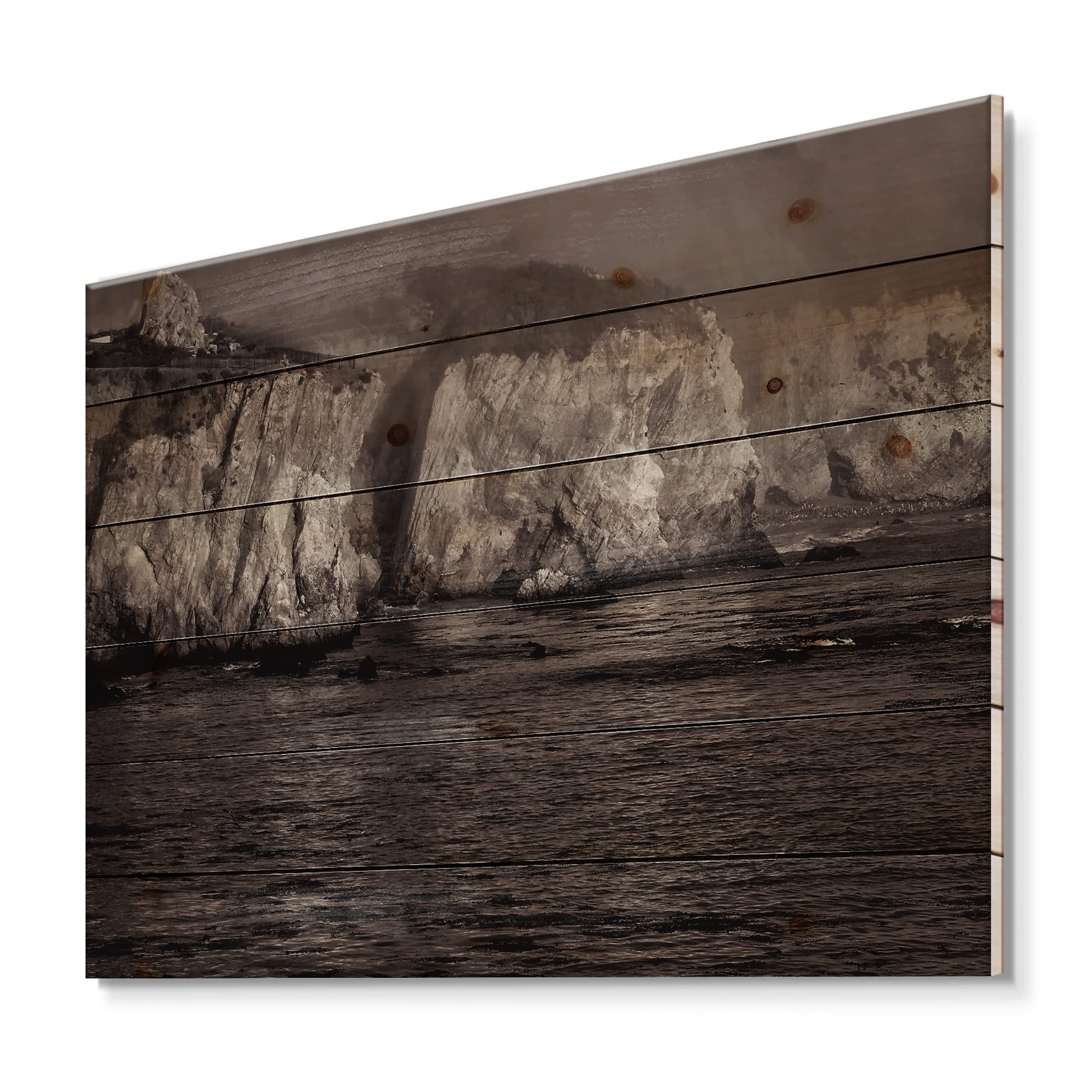DesignQ Gold Cliffs In The Fog Modern Wood Wall Art - Contemporary Grey Landscape Panel Decor Printed on Natural Pine - Perfect for Living Room, Bedroom & Office Wall Decor