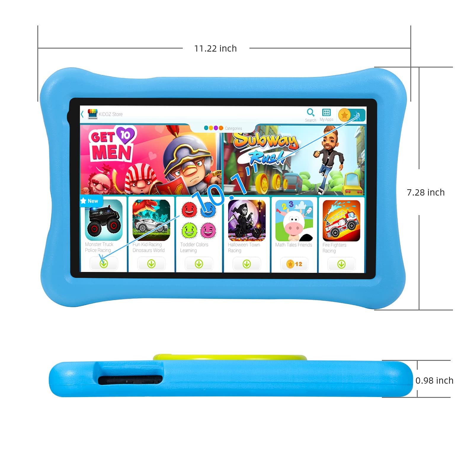10.1 Inch HD Kids Tablet with KIDOZ App - Android 13, 12GB RAM (4+8 Expandable) & 128GB Storage - Includes Touch Pen & Drop-Proof Case - Perfect for Learning, Games & Entertainment - Blue