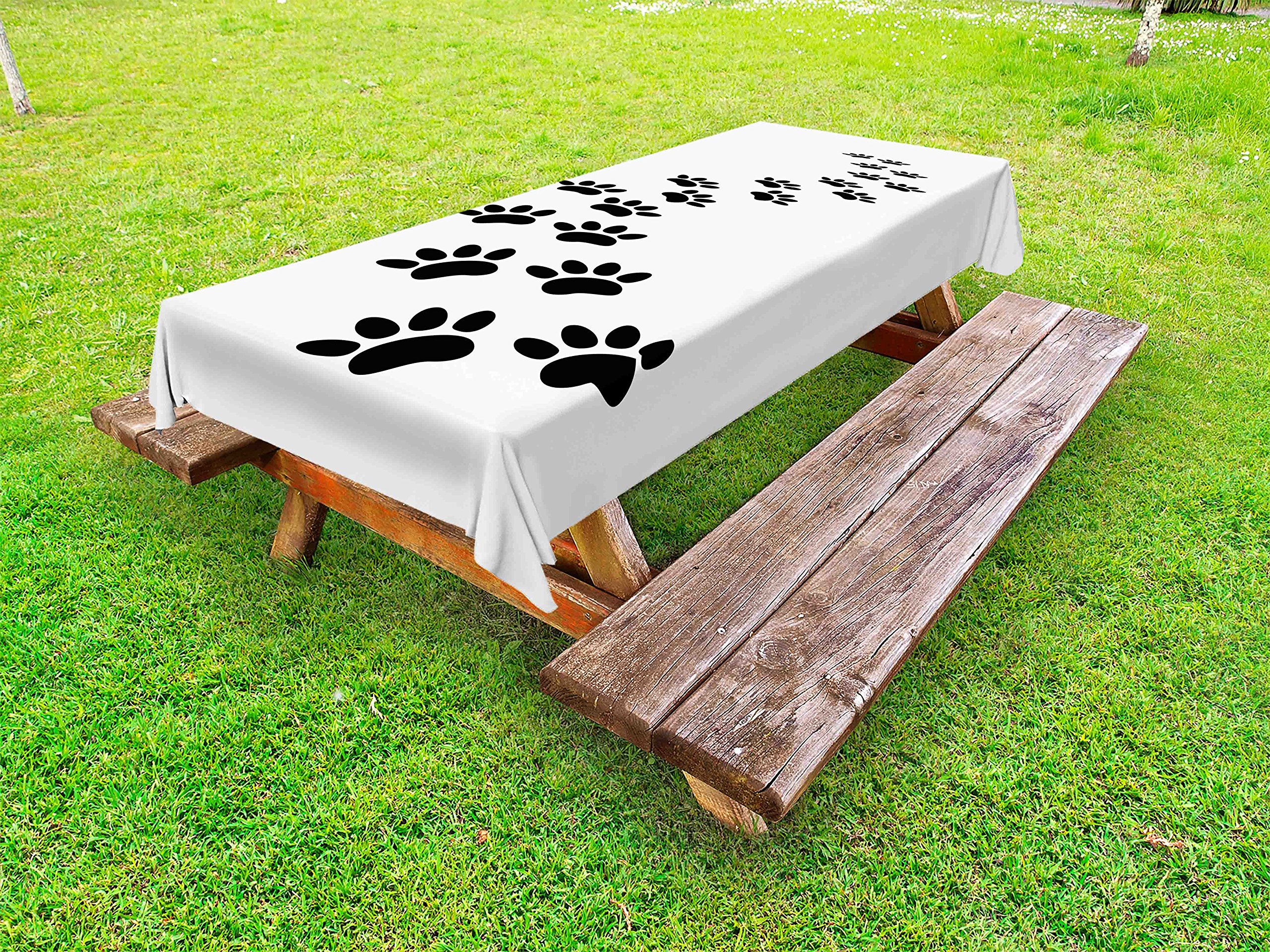 Lunarable Washable Outdoor Tablecloth - Monochrome Paw Print Design with Kitten and Dog Pet Theme, 58