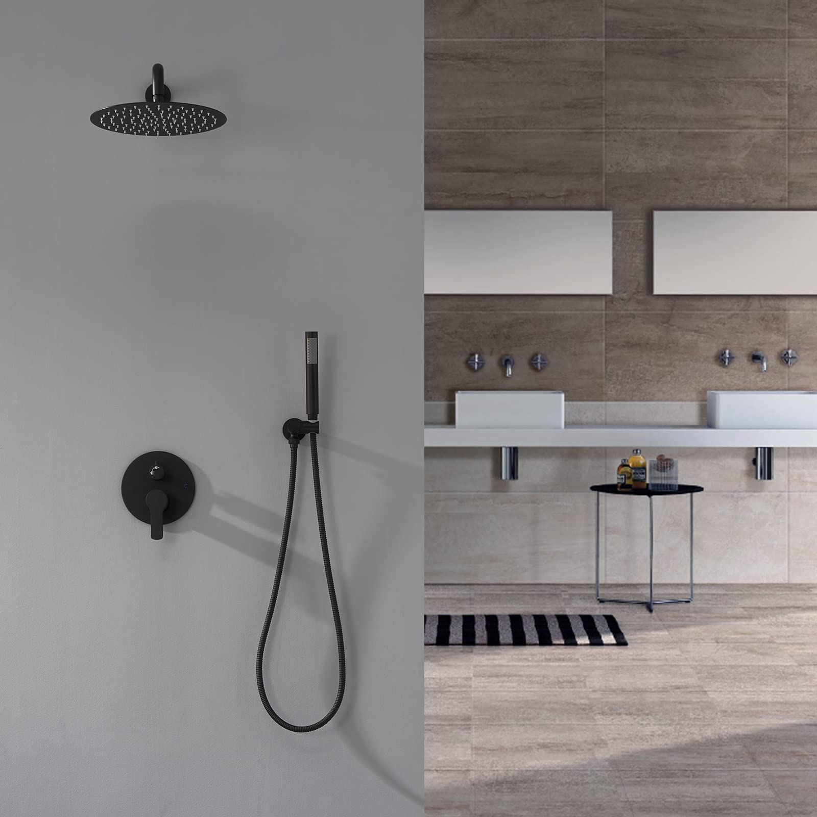 Matte Black Wall Mounted Shower System - 12 Inch Rainfall Shower Head with Handheld Sprayer - Pressure Balanced Valve Shower Faucet Mixer Set for Modern Bathroom (Perfect for Master Bath, Guest Bath & Spa-Like Shower Experience)