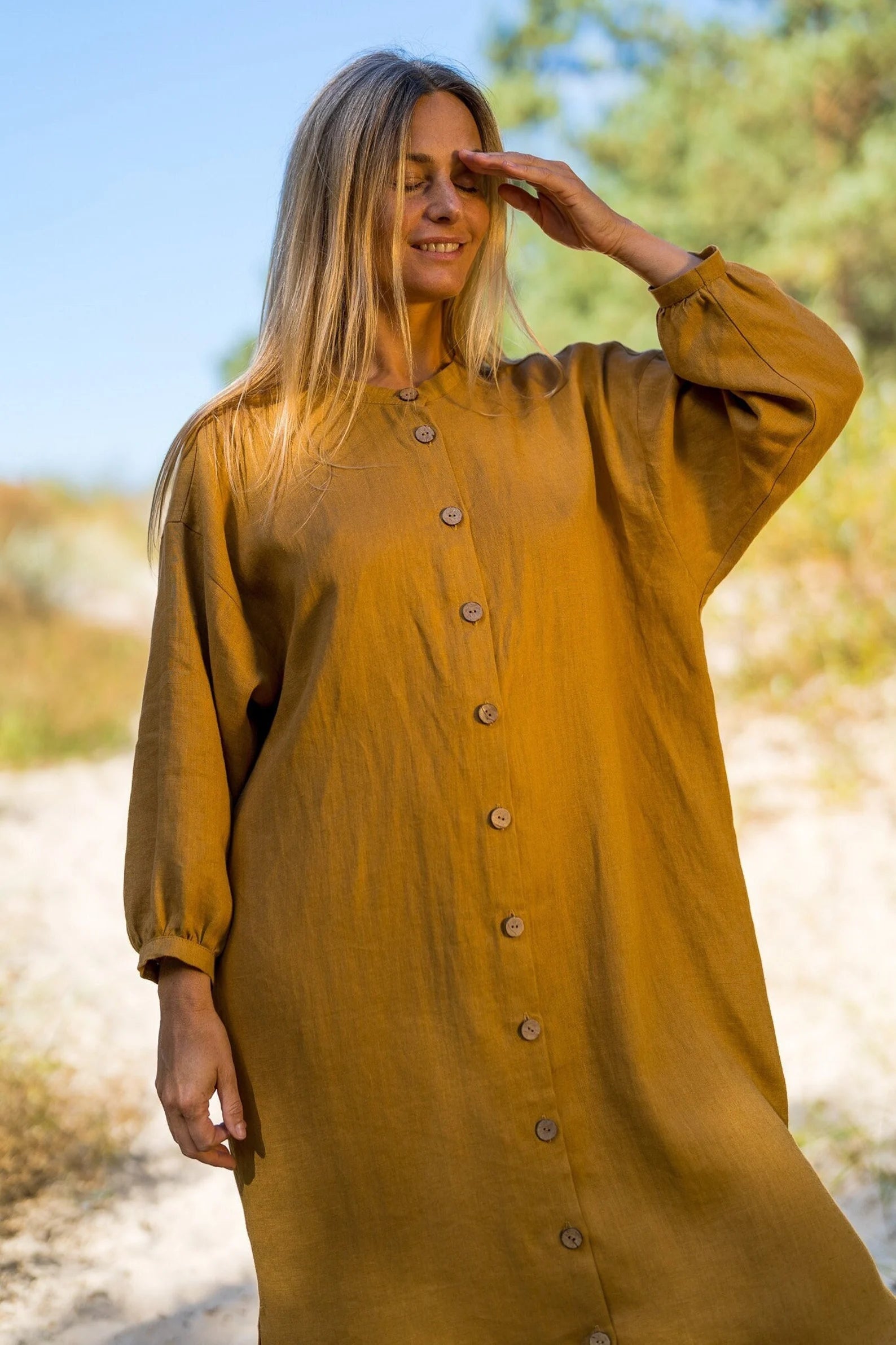 Linen Oversized Shirt Dress for Women | NINA Casual Long Sleeve Button Down Tunic in Amber Yellow | Perfect for Beach Cover-Up, Summer Outfits & Boho Style