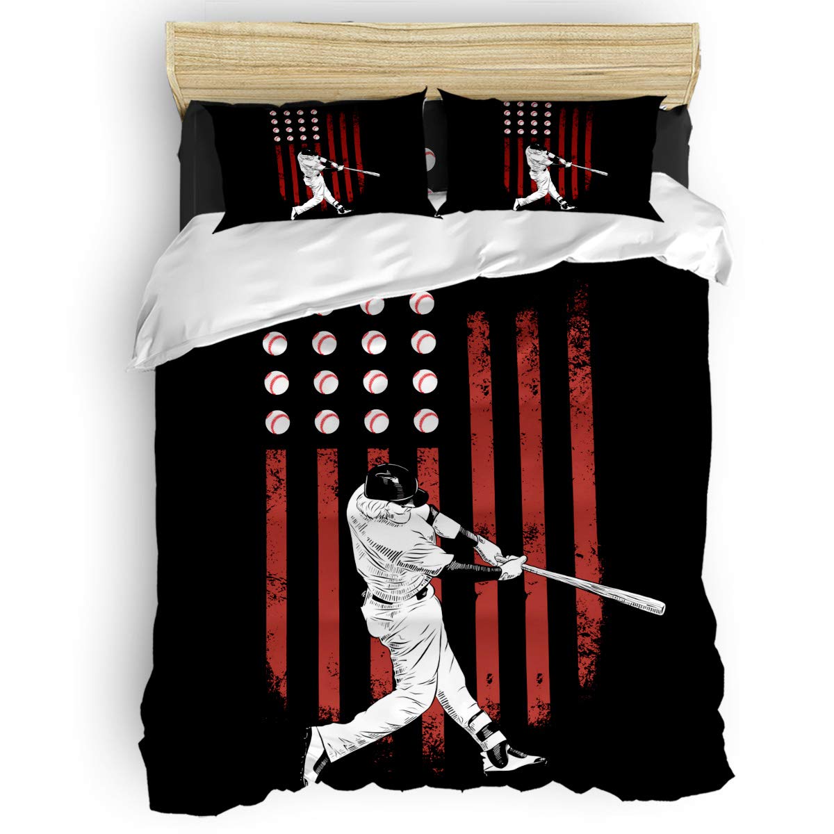 Amaze-Home 4-Piece Baseball American Flag Duvet Cover Set - Luxury Black Sport Bedding with Zipper Closure for California King Size Beds | Perfect for Kids & Adults Bedrooms, Game Room Decor, Sports-Themed Bedrooms & Patriotic Home Styling