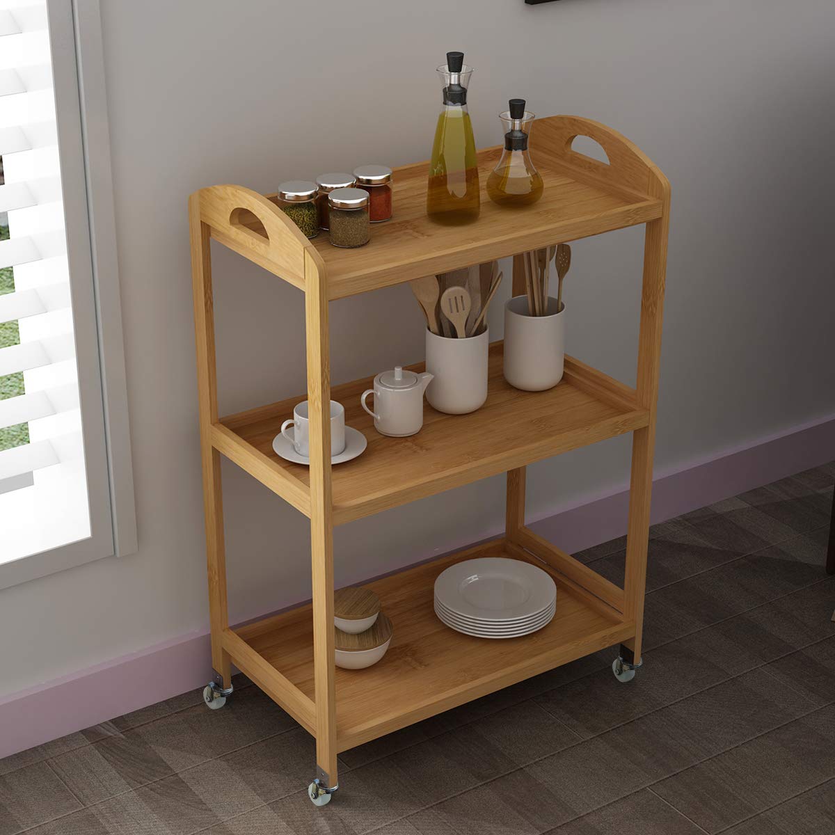 DlandHome 3-Tier Rolling Storage Shelf - Bamboo Utility Cart with Wheels & Handles for Kitchen, Pantry, Warehouse Organization | Space-Saving Mobile Storage for Home & Office Use