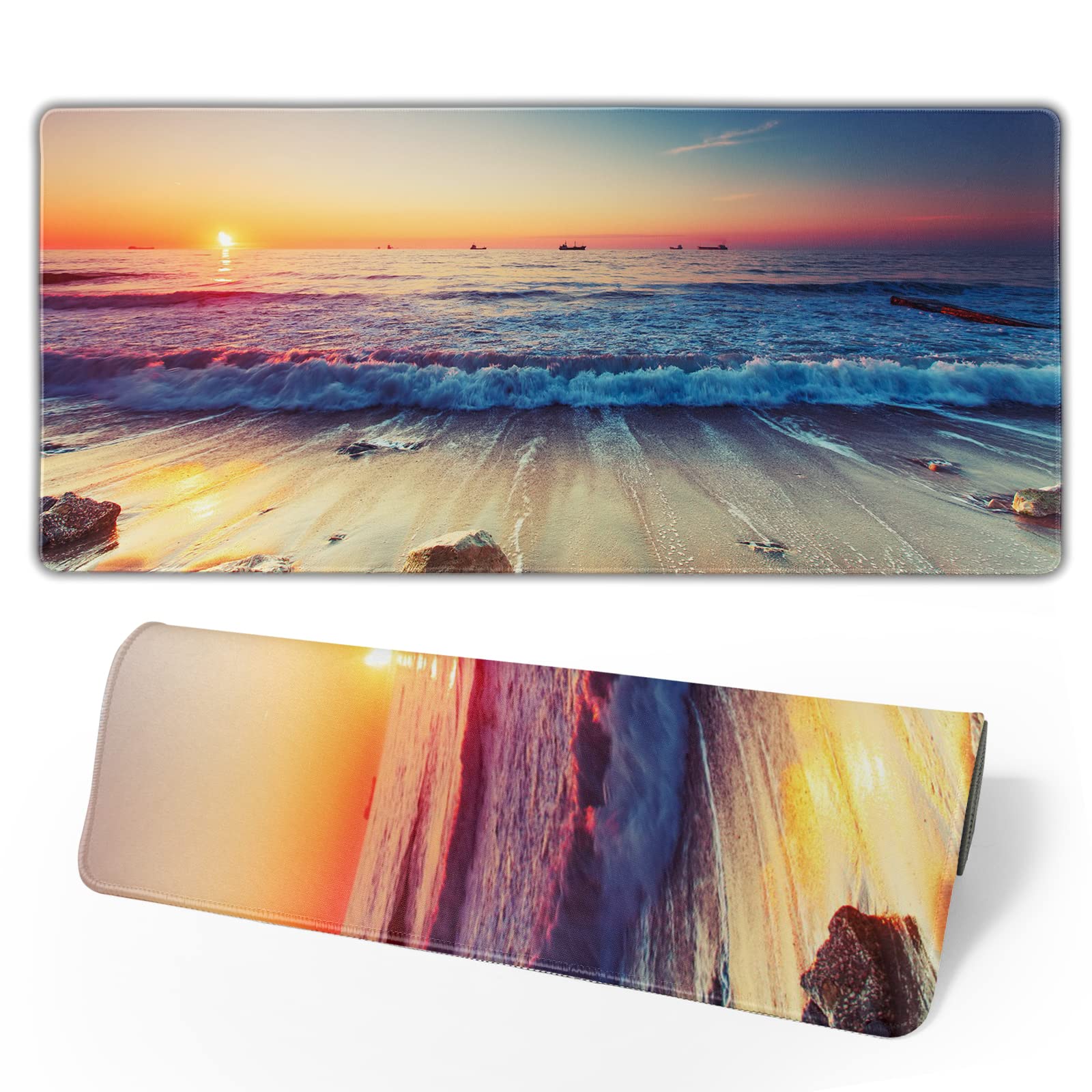 XXL Beach Sunset Mouse Pad - Large Gaming Mouse Mat with Non-Slip Rubber Base & Stitched Edges (35.4x15.7 Inch) - Perfect for Office, Laptop & Gaming Desks - Coastal Themed Desk Mat for Work & Play