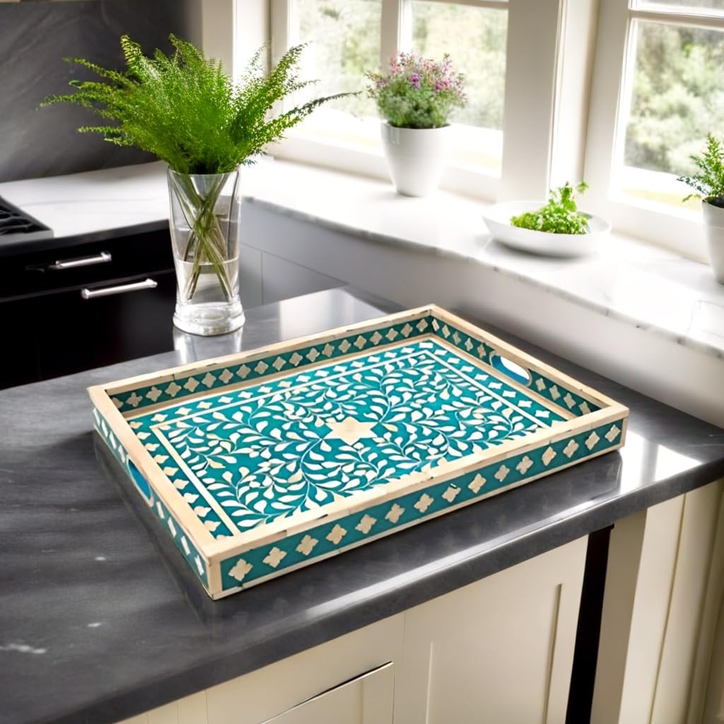 Handmade Antique Bone Inlay Serving Tray - Decorative Wooden Food Platter for Breakfast in Bed, Ottoman Style Blue Home Decor Tray | Perfect for Tea Service, Cheese Board & Gift Giving - Fairdeal Handicrafts