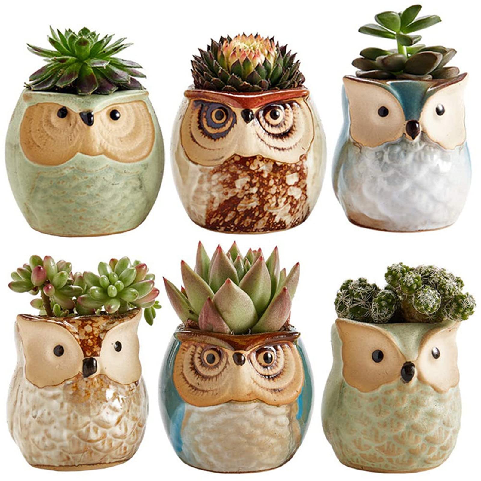 6-Piece Ceramic Owl Flower Pots Set - Cute Succulent Planters with Flowing Glaze Base, Desk Decor for Home & Office | Perfect for Indoor Plants, Gifts, and Tabletop Decorations