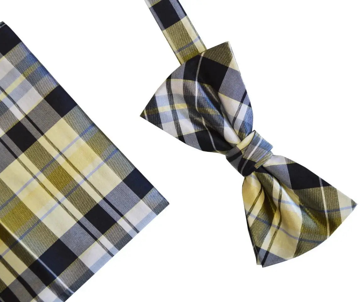 Blue and Yellow Check Silk Bow Tie and Pocket Square Set - Classic Preppy Style for Weddings, Prom & Formal Events