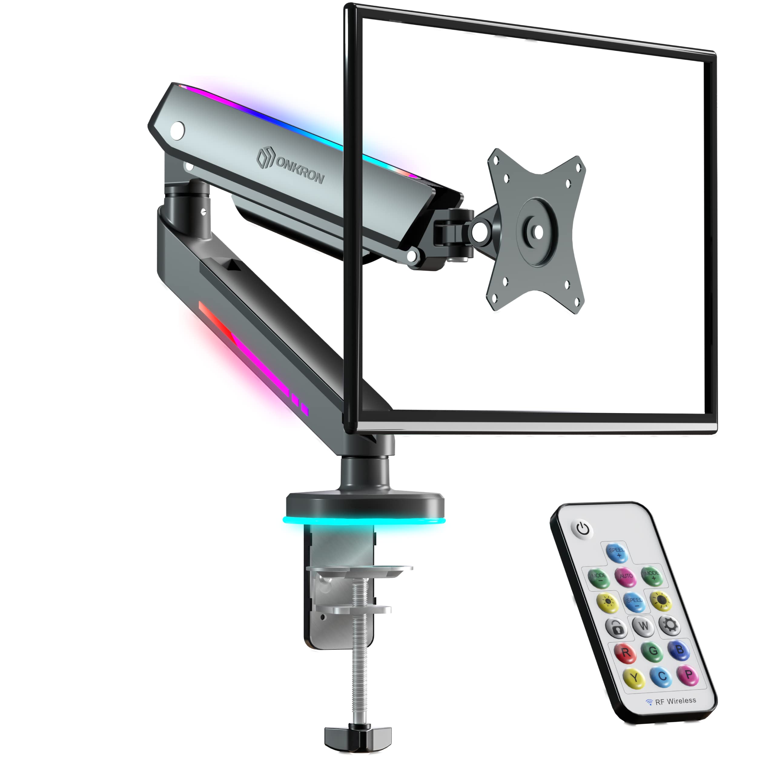 ONKRON Full Motion Articulating Monitor Arm - Adjustable Gaming Monitor Stand for 13-34 Inch LCD Screens (Up to 19.8 lbs) with RGB LED Lighting - Perfect for Home Office, Gaming Setup & Workspace (GM25, Gray)