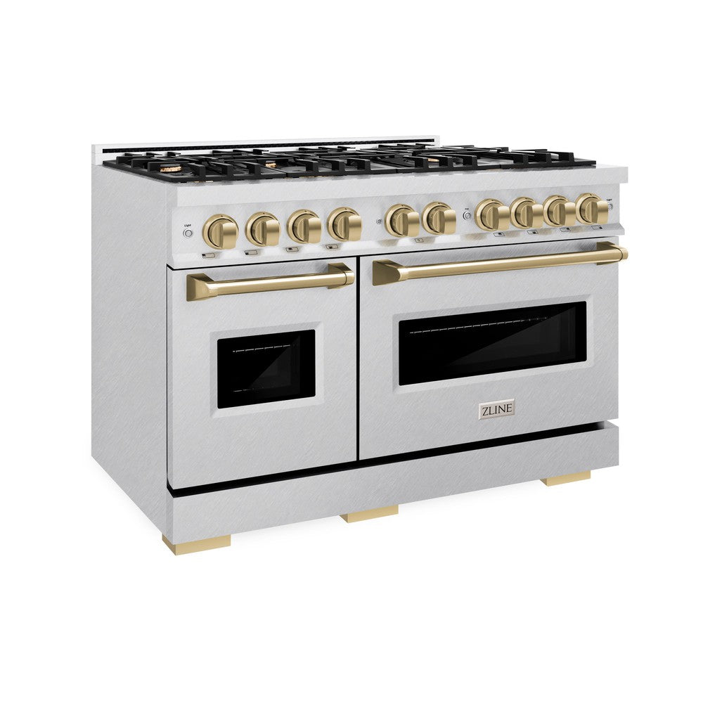 ZLINE Autograph Edition 48-inch 6.7 cu. ft. Classic Double Oven Gas Range with 8 Burner Cooktop in Satin Stainless Steel and Champagne Bronze Accents - Perfect for Large Kitchens, Home Chefs & Entertaining (CGRSZ 48 CB)