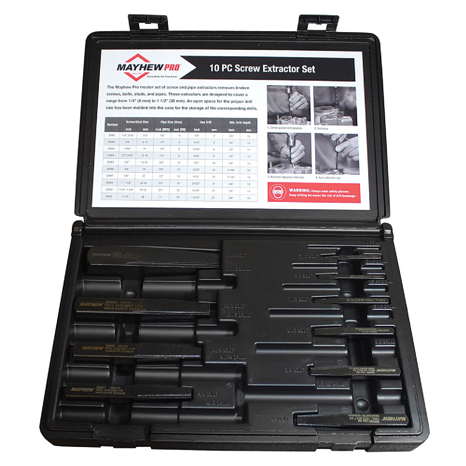 Mayhew Steel 37345 10-Piece Screw Extractor Set - Professional Broken Bolt & Damaged Screw Removal Tool Kit for DIY, Automotive & Home Repair