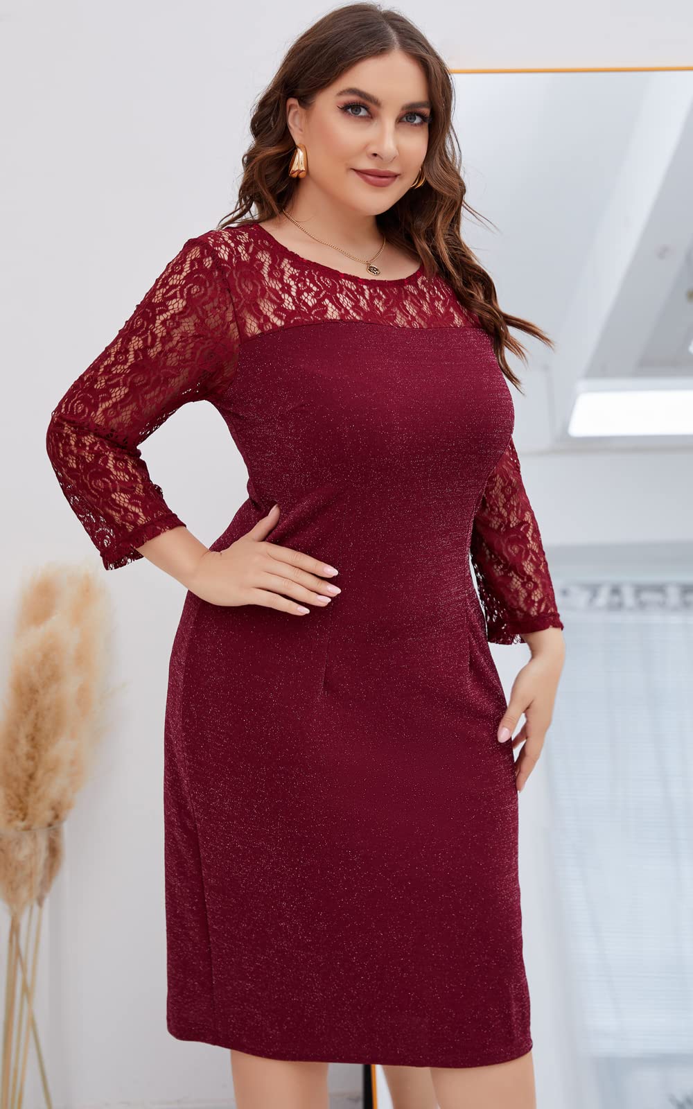 Plus Size Floral Lace Cocktail Dress - Elegant Long Sleeve Knee-Length Party Gown for Women | Perfect for Evening Events, Weddings & Special Occasions